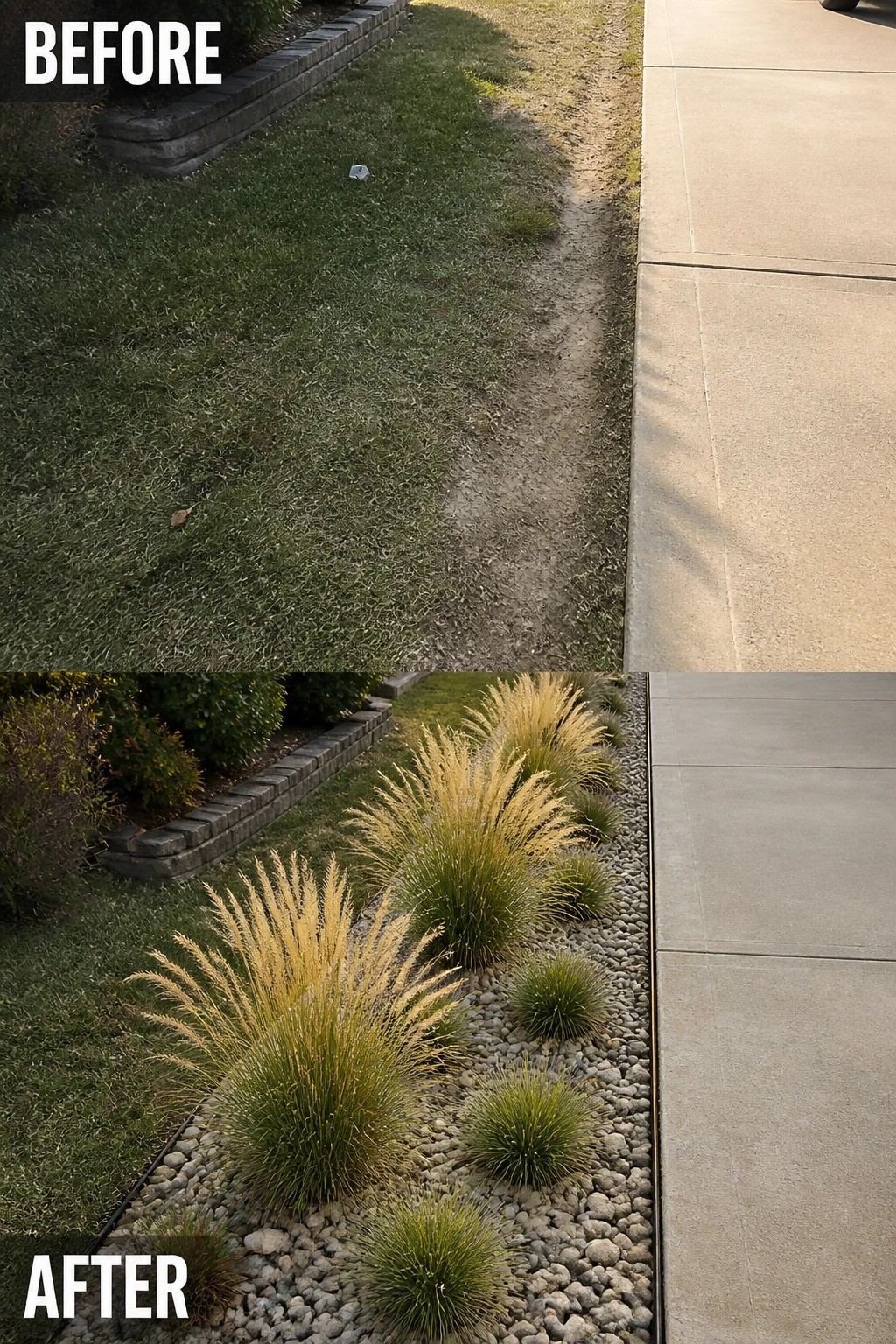 Before-and-after image of a narrow grassy strip beside a driveway replaced by a defined rock bed planted with clumps of ornamental grasses.