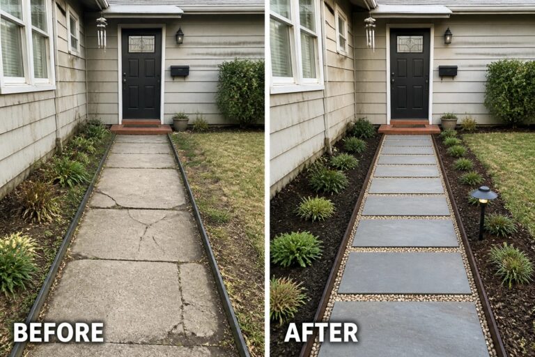 Before-and-after image of a cracked concrete sidewalk replaced with large rectangular pavers set with gravel joints and bordered planting beds.