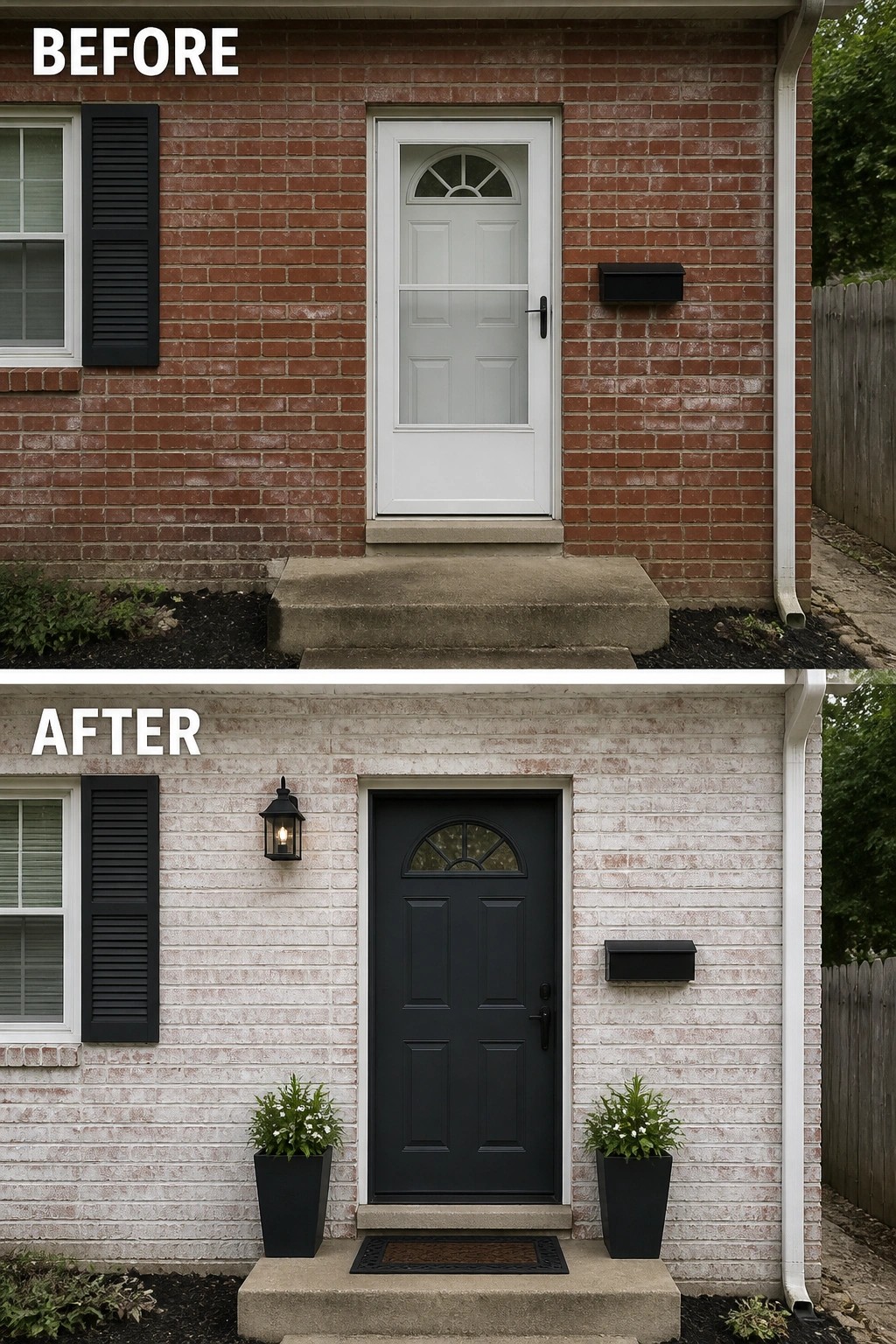 Before-and-after image of a small front entry where plain red brick and a white storm door are changed to a whitewashed brick wall with a dark painted front door, matching lantern, and two planters.