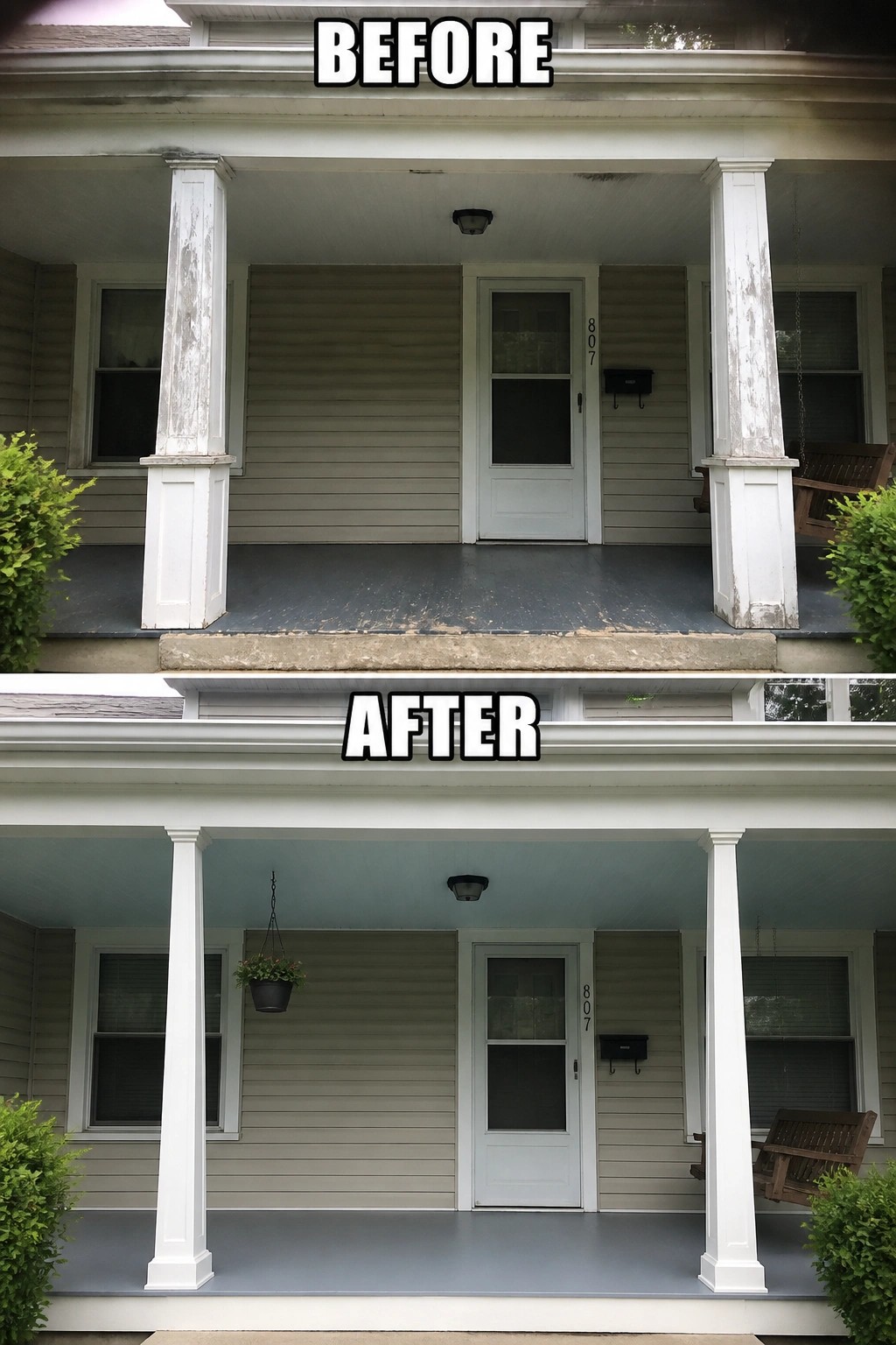 Before-and-after image of a front porch where peeling columns and a worn floor were repainted and simple accents like a hanging planter and swing were added.