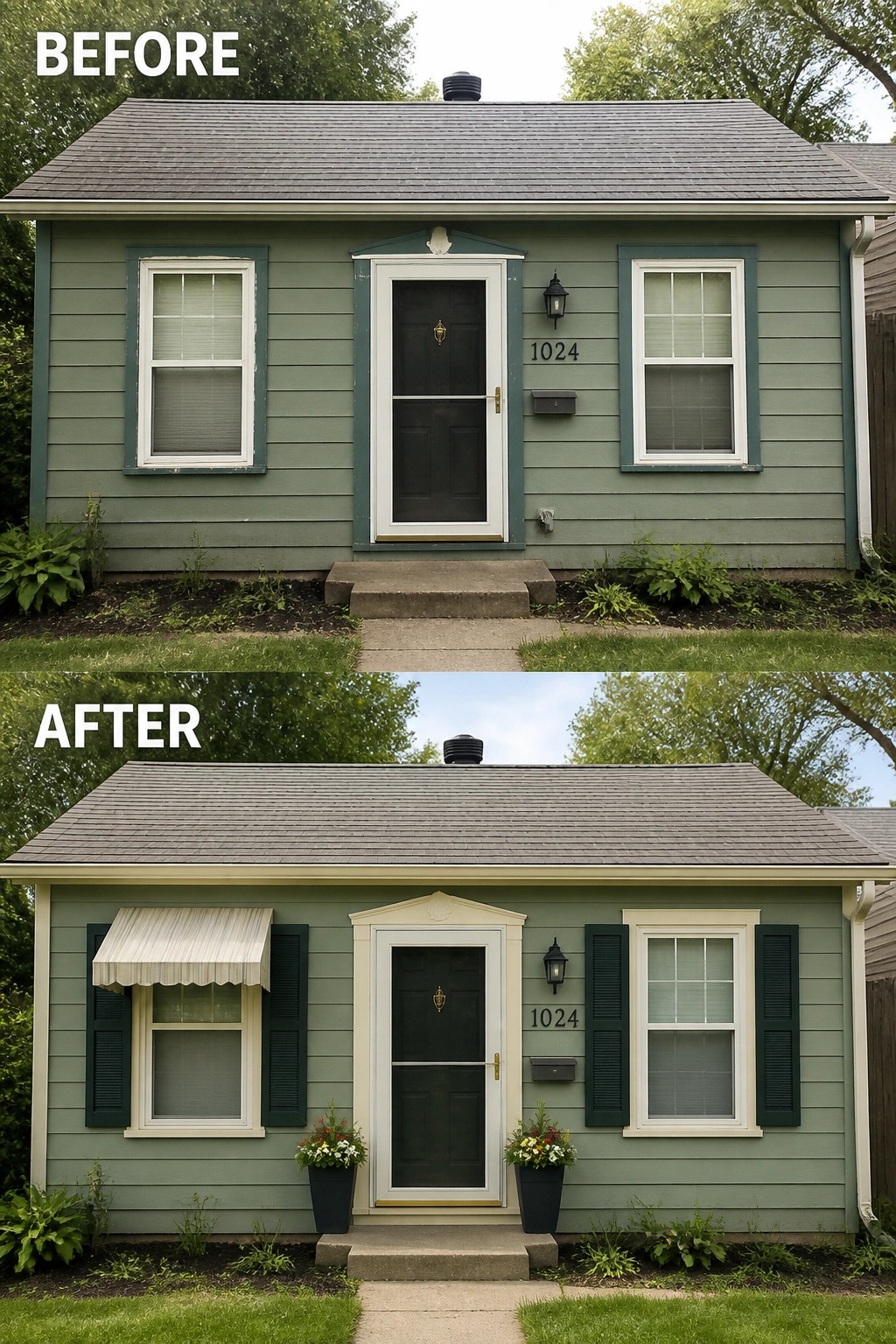 Before-and-after image of a small house front where a plain entry is updated with door trim, shutters, an awning, and matching planters.