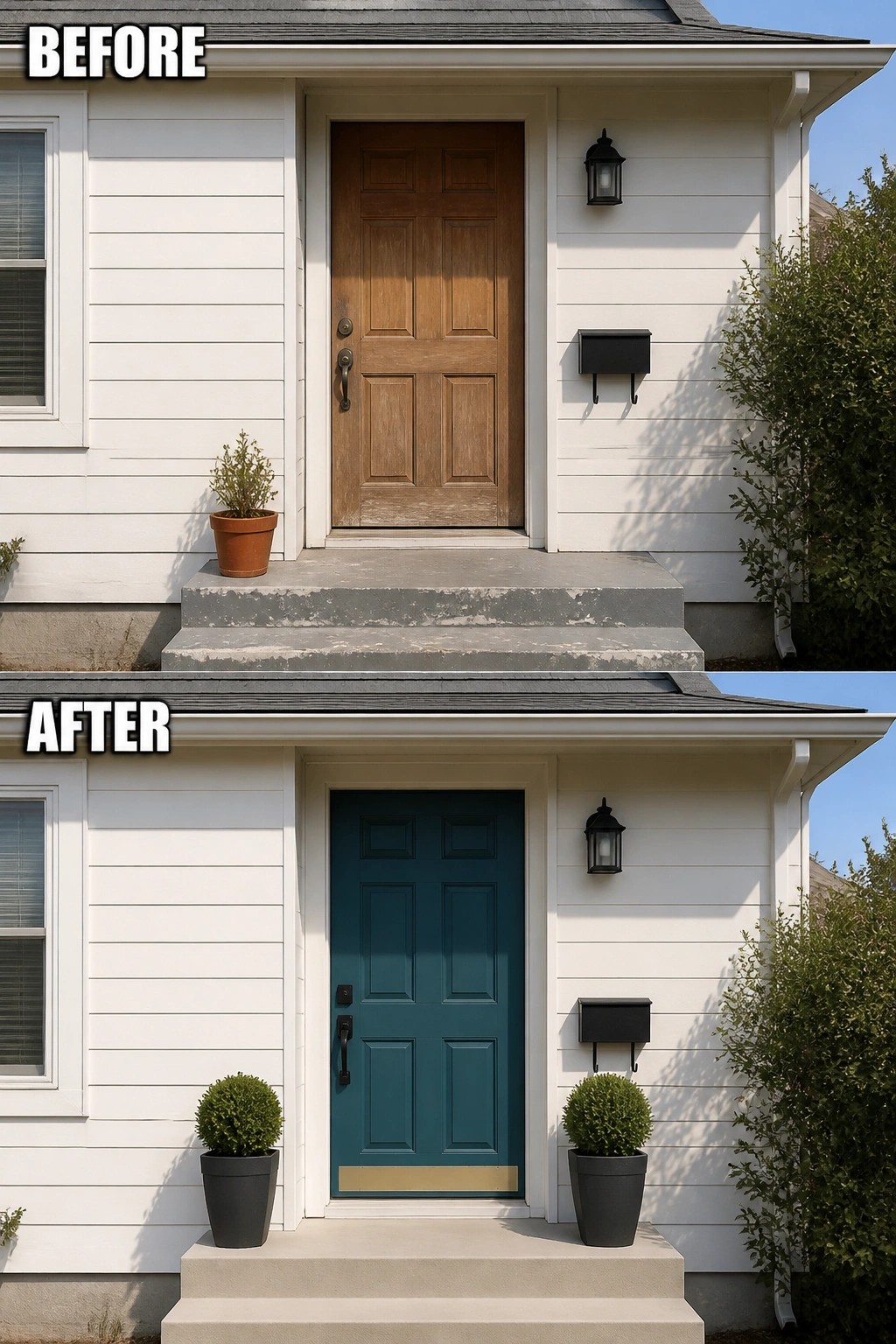 Before-and-after image of a small front porch where a plain wood door and worn steps are updated with a painted teal door, new hardware, and matching potted plants.