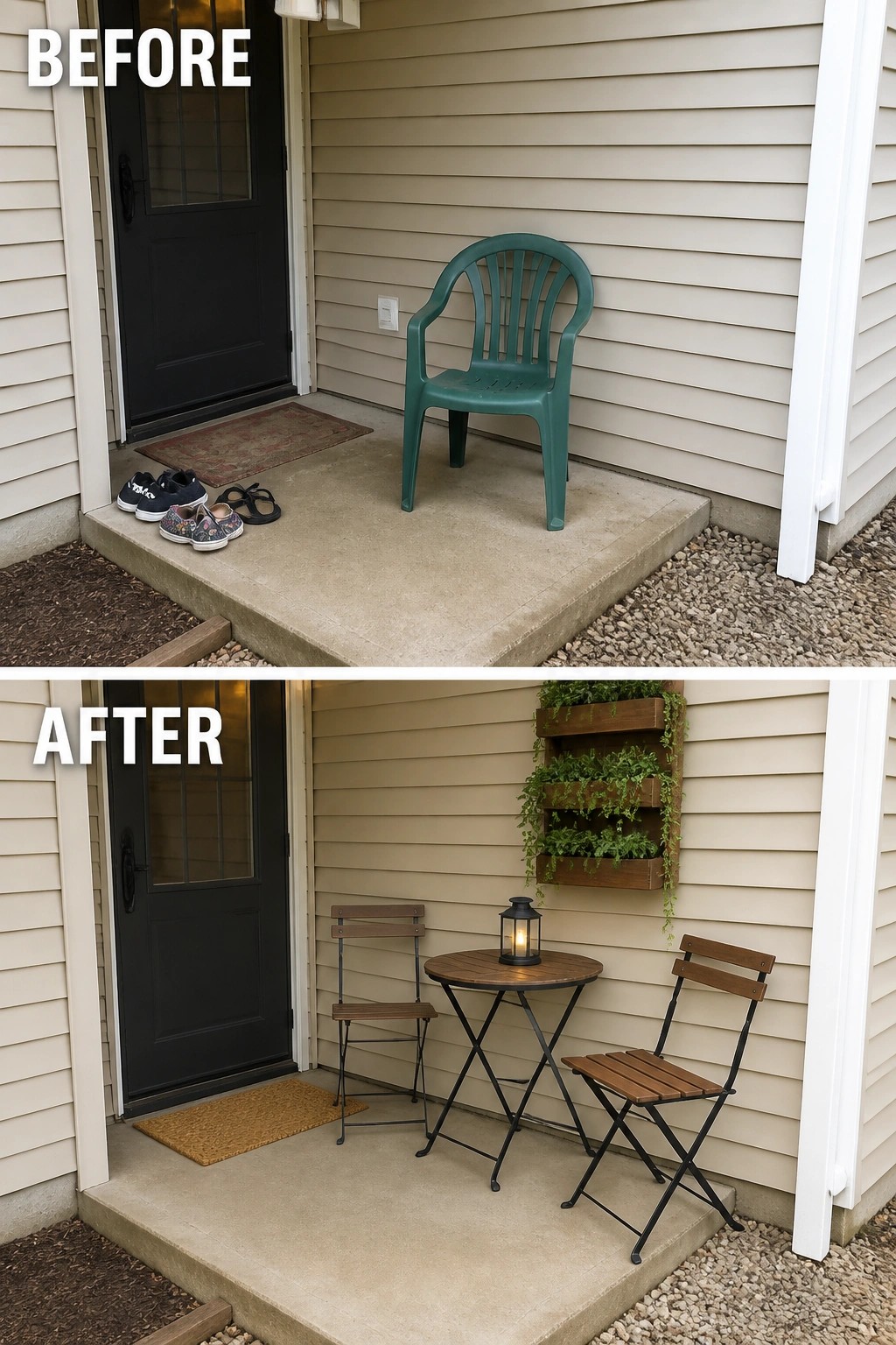 Before-and-after image of a small front porch changed from a single plastic chair on bare concrete to a compact bistro table with two chairs, a doormat, a lantern, and a wall planter.