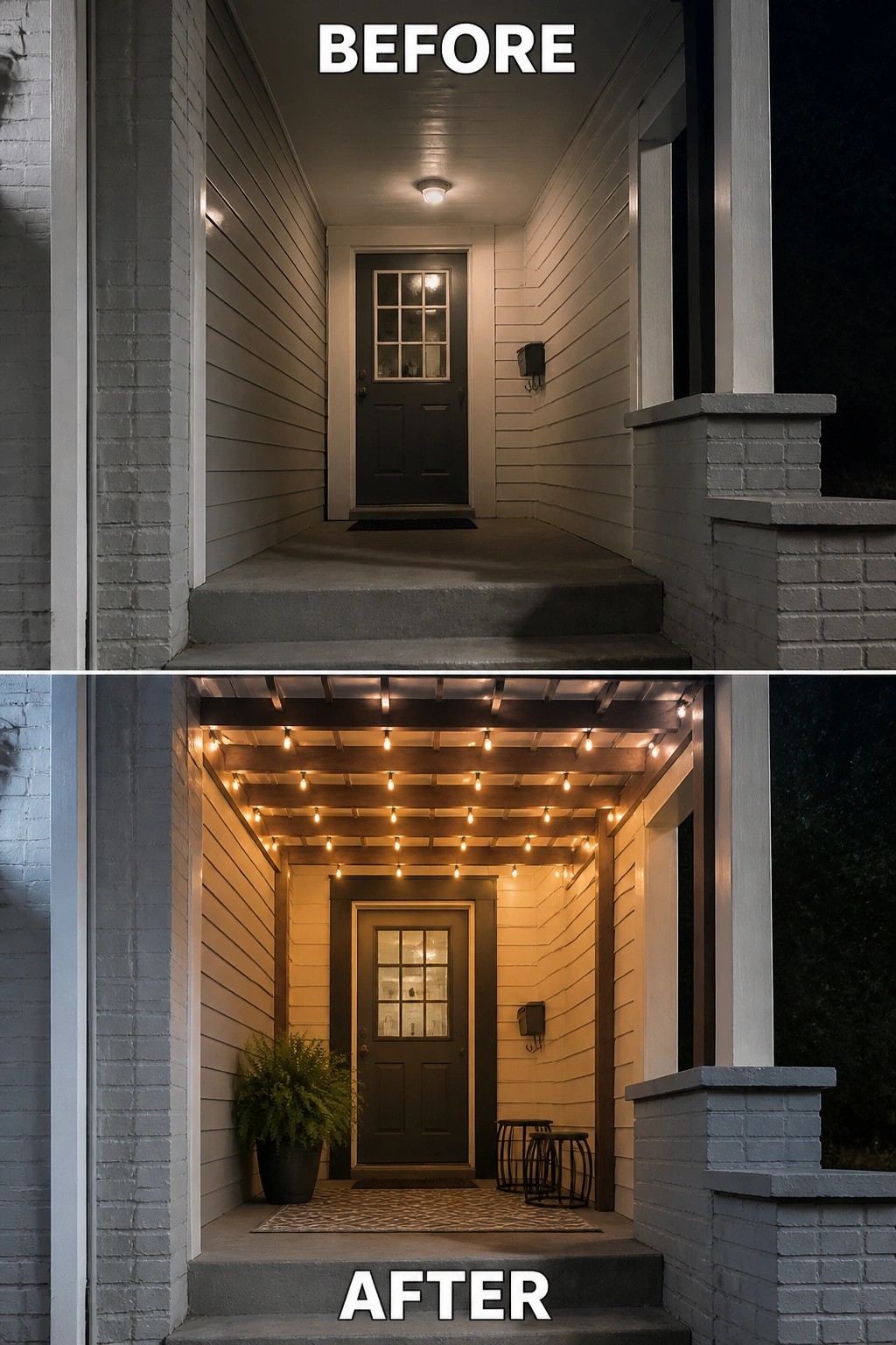 Before-and-after image of a bare front porch updated with overhead string lights, a rug, a potted plant, and small stools.