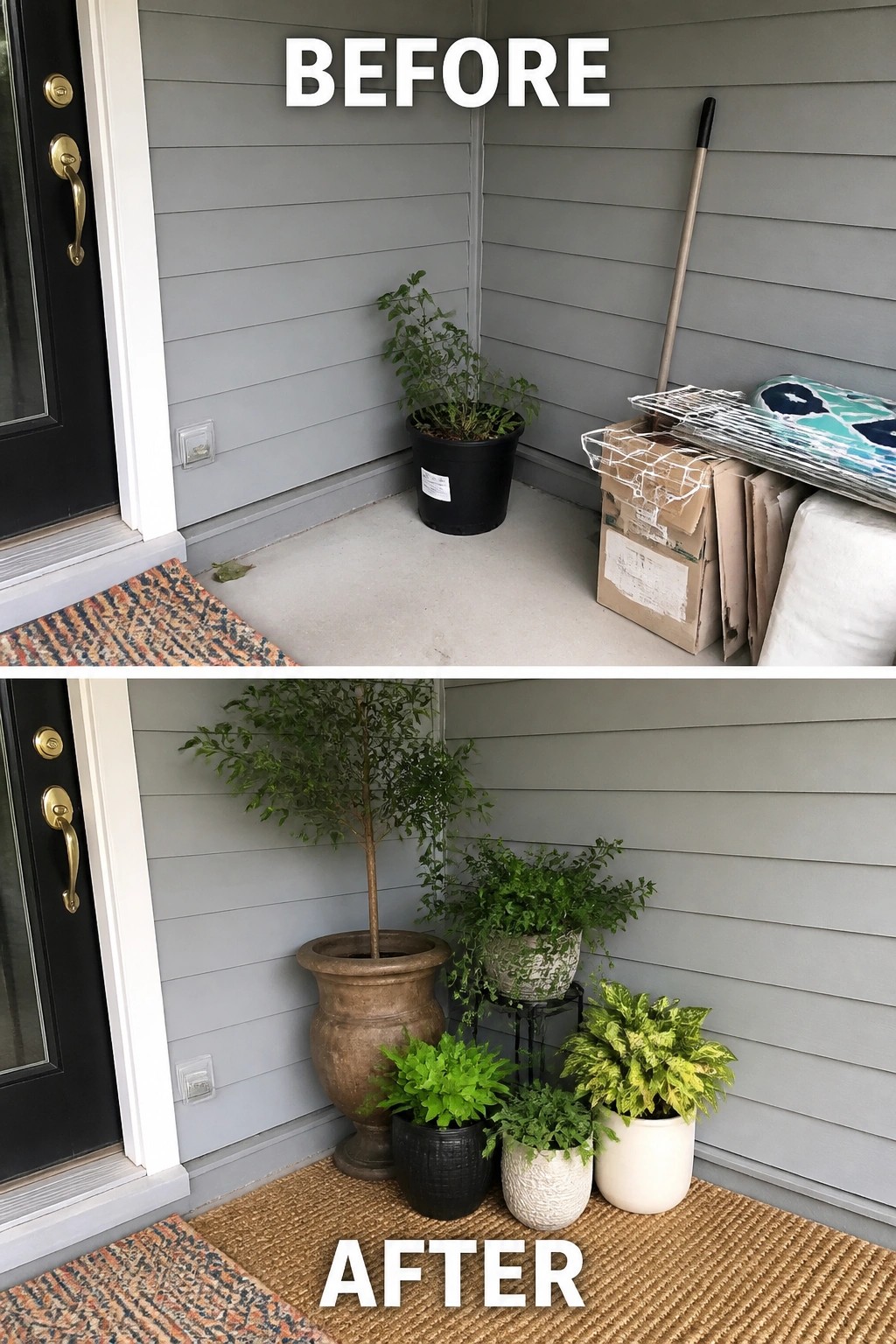 Before-and-after image of a small front porch corner changed from a single plastic plant and stored boxes to a grouped arrangement of potted plants on a woven rug.
