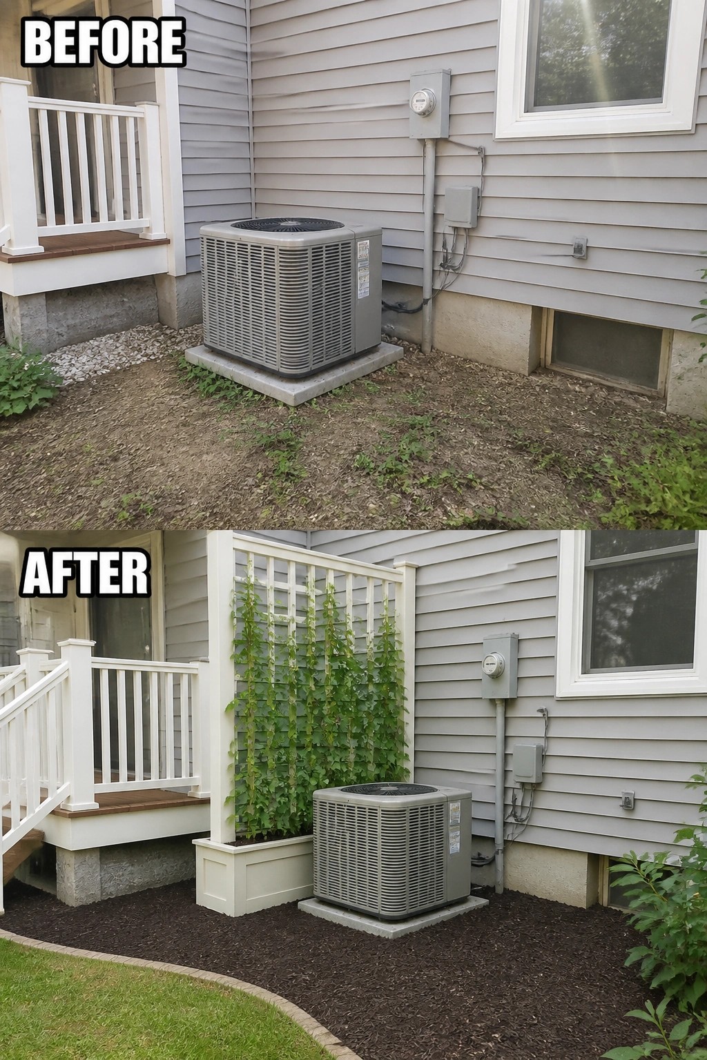 Before-and-after image showing a bare dirt area beside a house and air-conditioning condenser turned into a neat mulch bed with a raised planter and trellis planted with climbing vines to screen the unit.