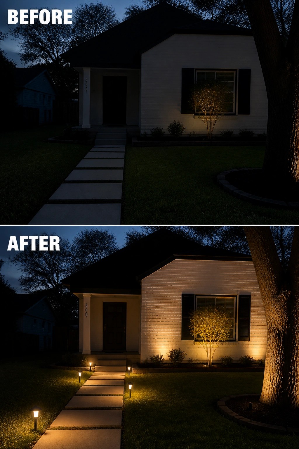 Before-and-after image of a dark small front yard updated with low path lights and warm uplighting that highlight the walkway, a small tree, and the house facade.