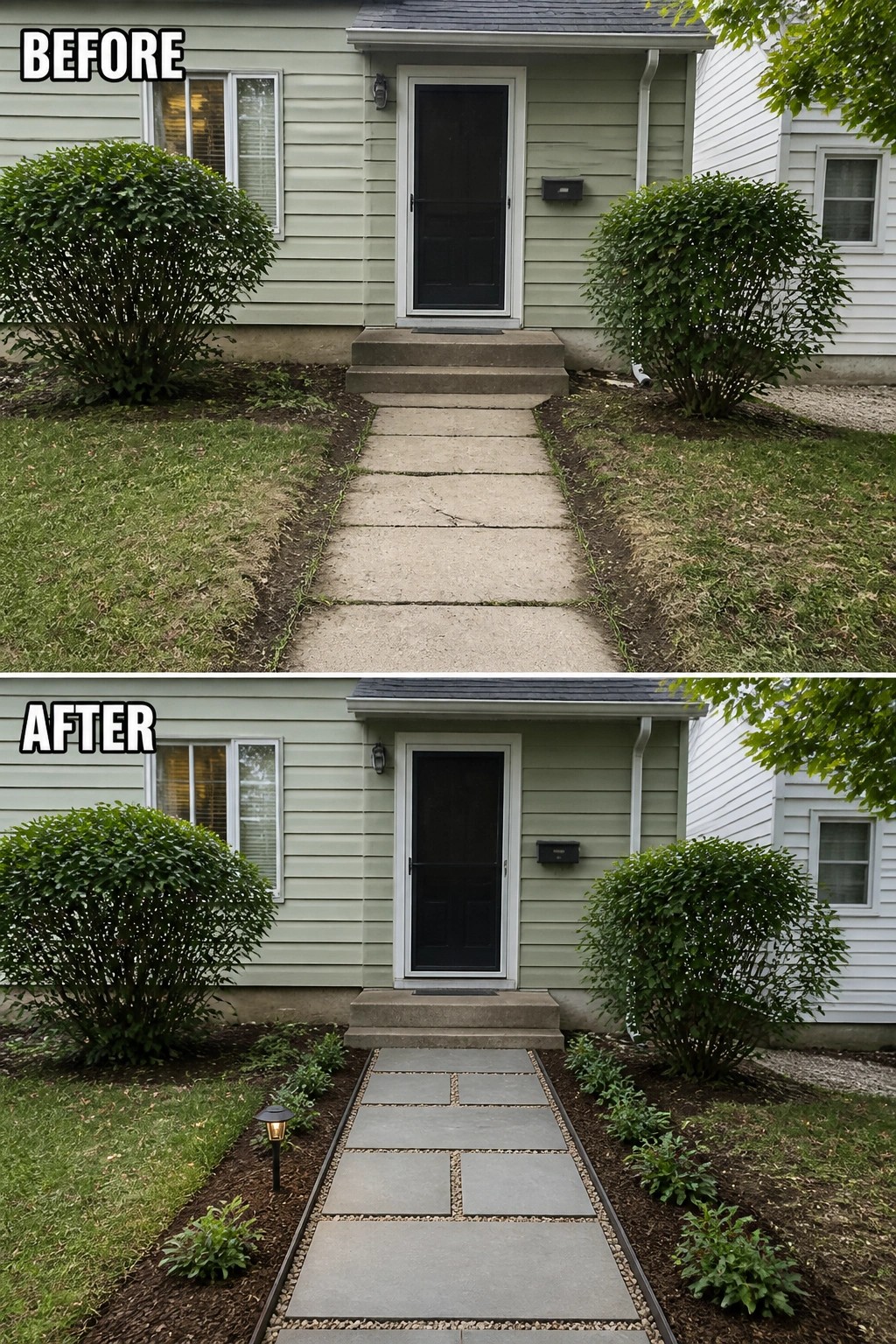 Before-and-after image of a cracked concrete sidewalk replaced with large rectangular pavers set with gravel joints and bordered planting beds.