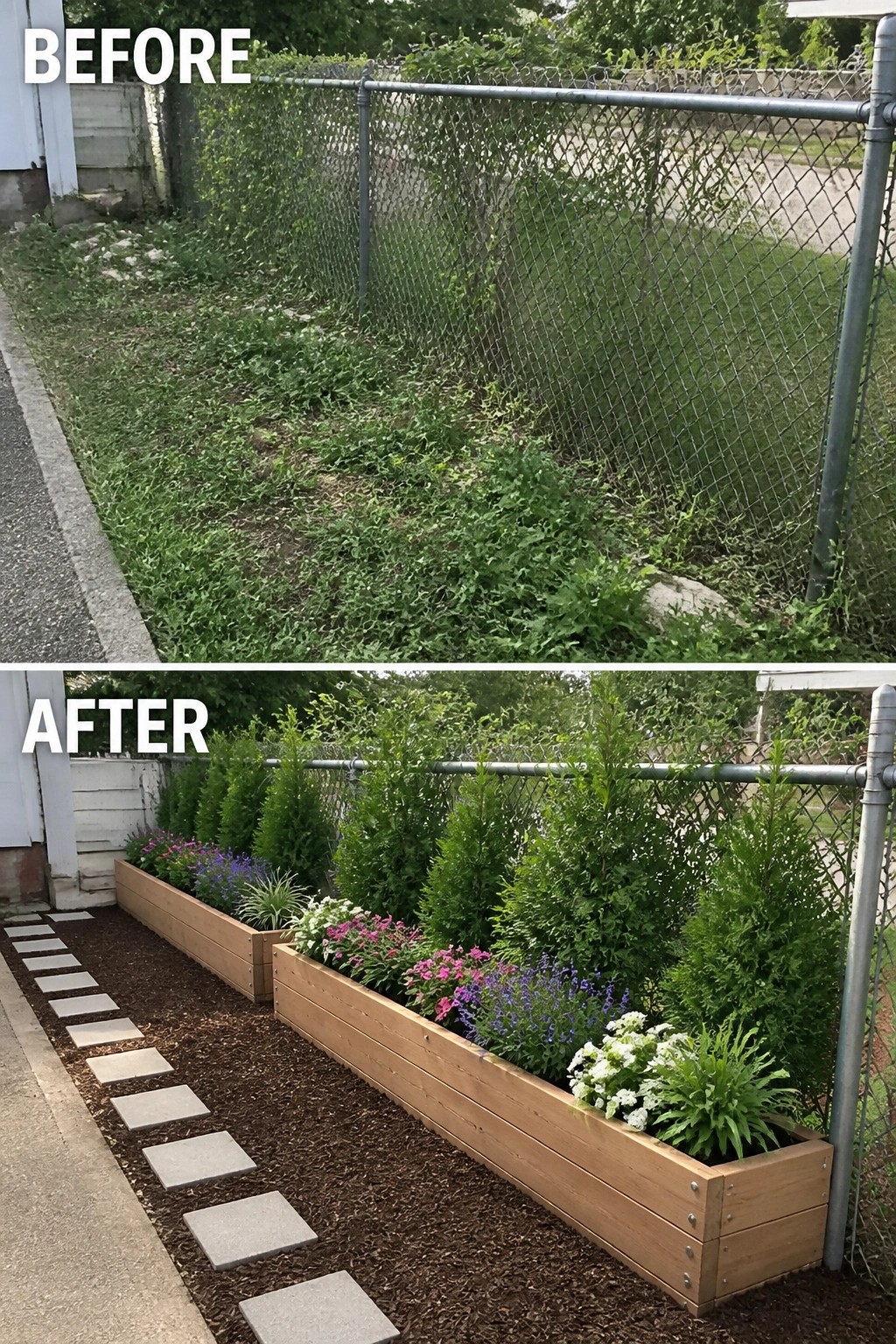 Before-and-after image of an overgrown grassy strip converted into neat wooden raised planters with evergreen screening, flowering plants, mulch, and a stepping-stone path.