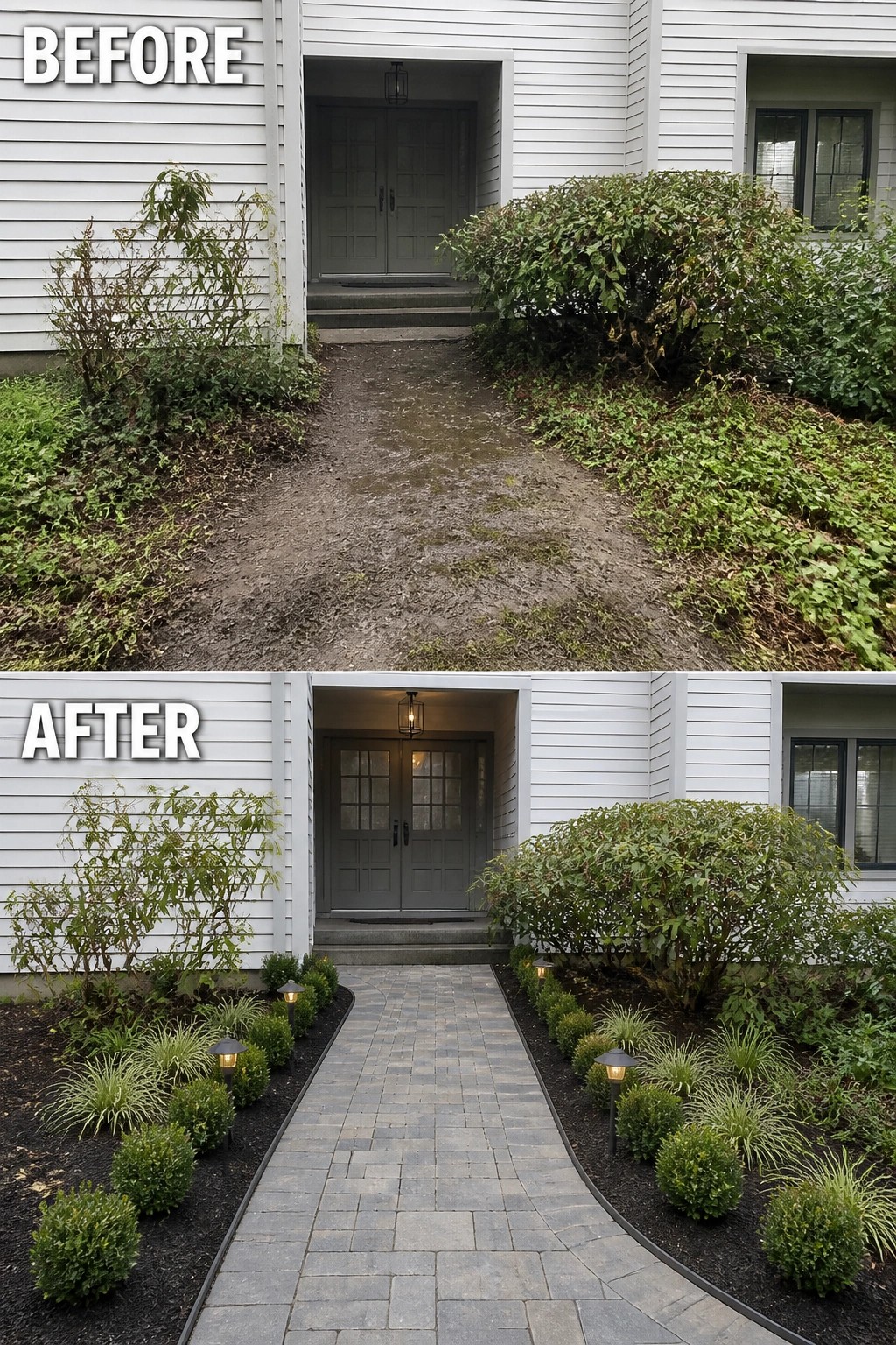 Before-and-after image of a recessed front entry where a muddy path was replaced by a paved walkway with edging, low plantings, and path lights.