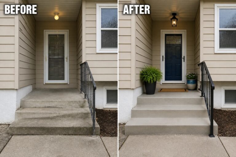 15 Practical Split Foyer Exterior Makeover Ideas That Improve a Recessed Entry Split before-and-after entryway: dingy white door replaced by navy door, lantern, plants.