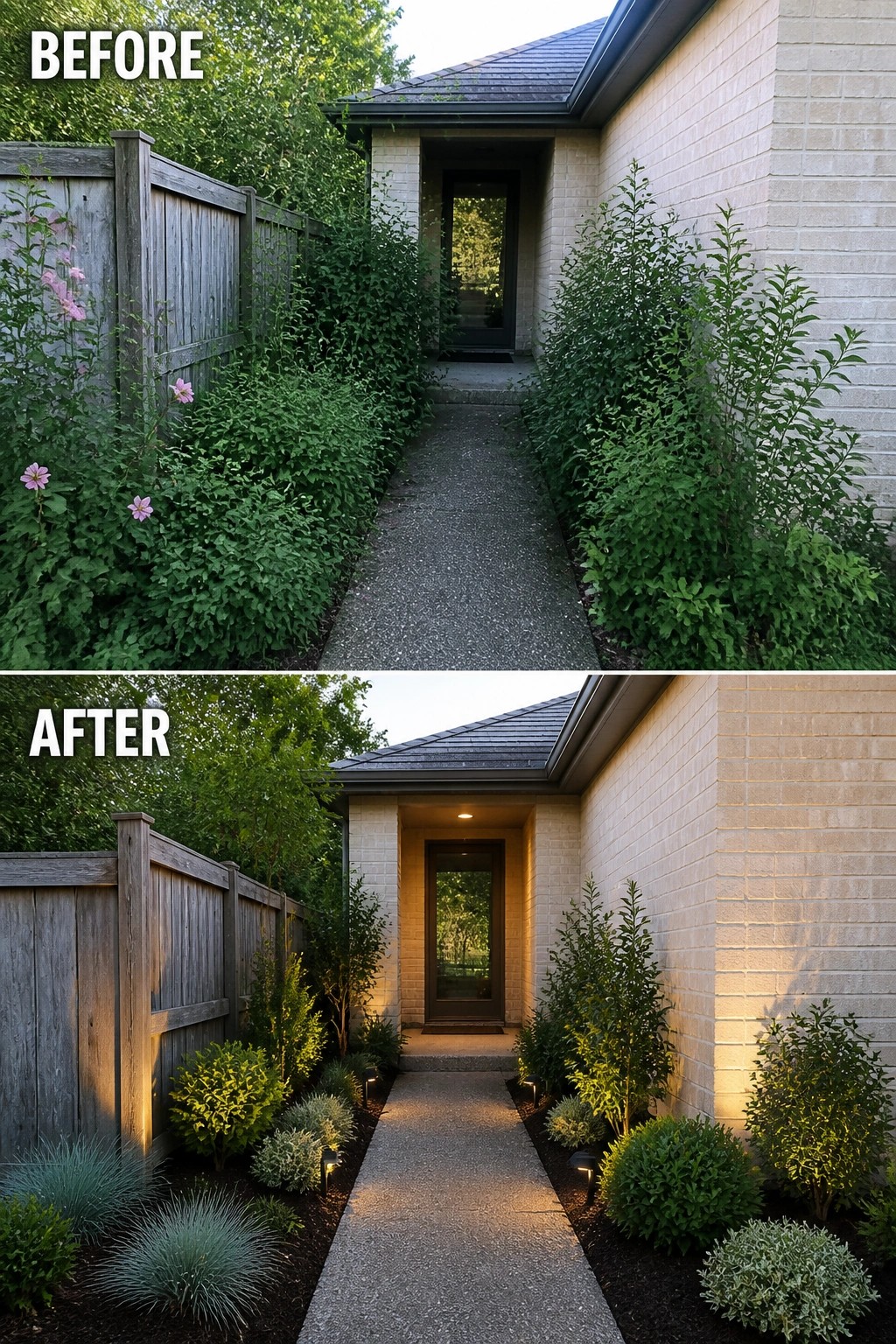 Before-and-after image of a recessed front entry changed from overgrown plants to neat low shrubs, mulch, and pathway lighting.