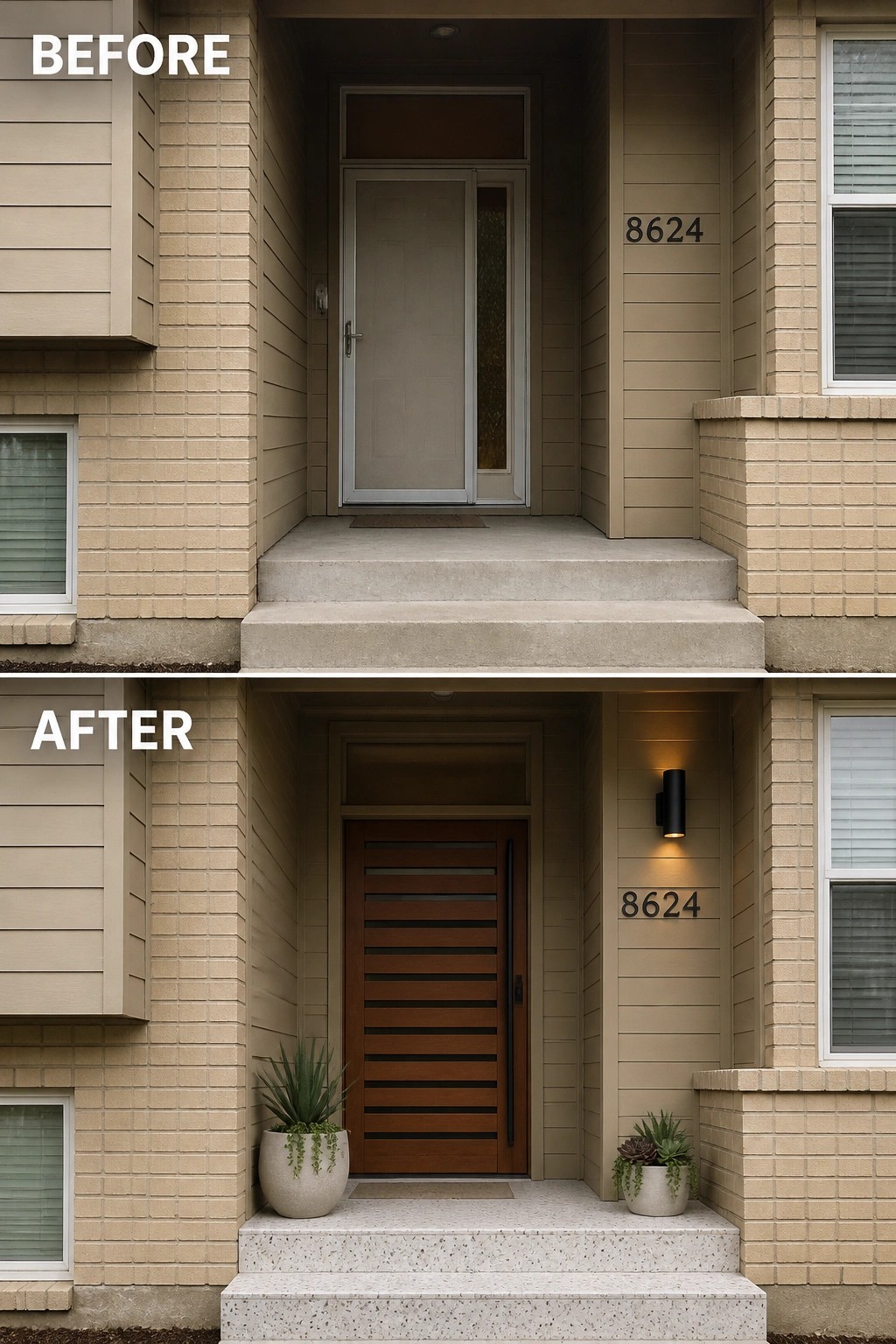 Split before and after entryway showing renovated beige brick porch, wooden slatted door, sconce, plants.