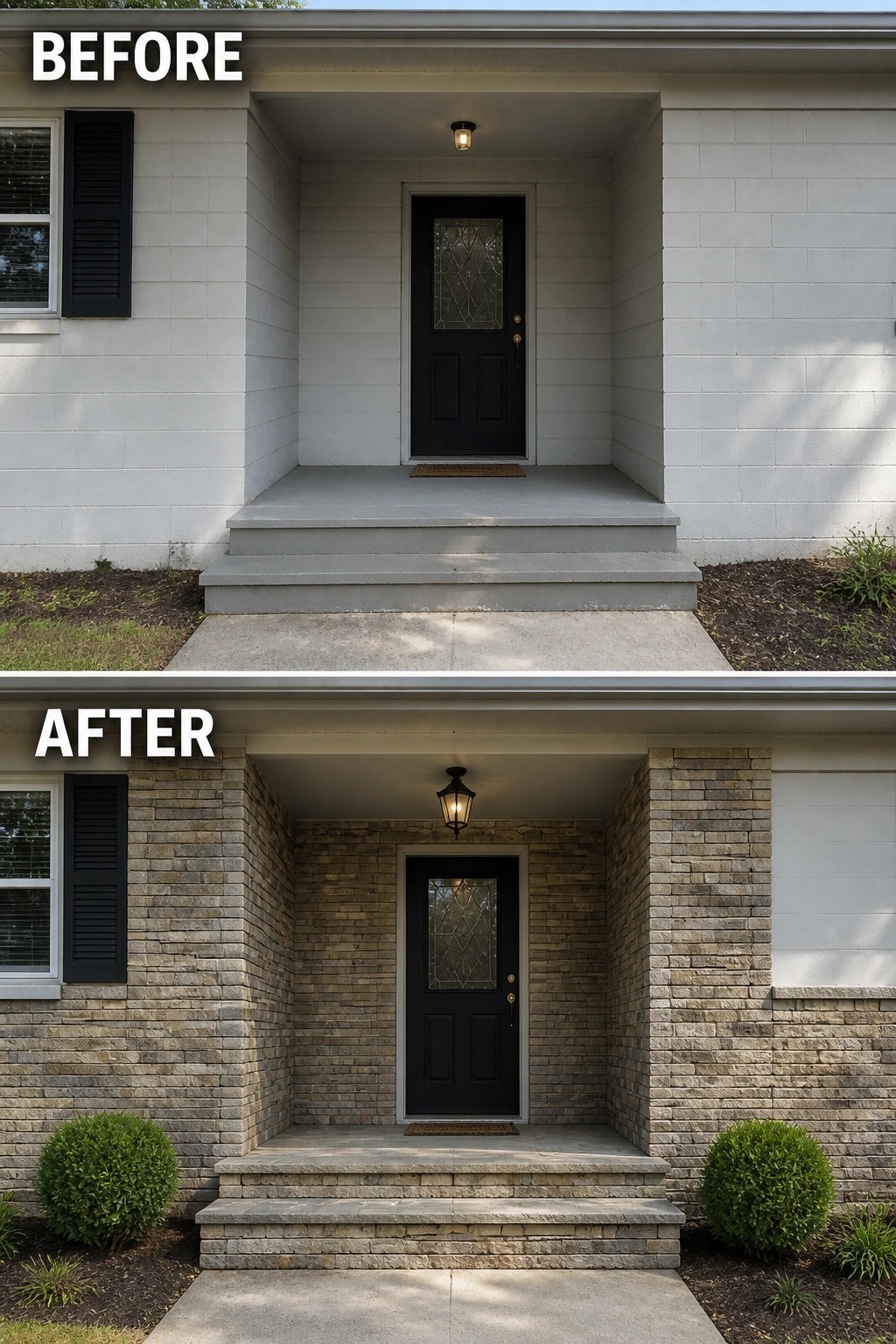 Before-and-after image of a plain recessed front entry updated with stone cladding, new stone steps, a central lantern, and symmetrical shrubs.