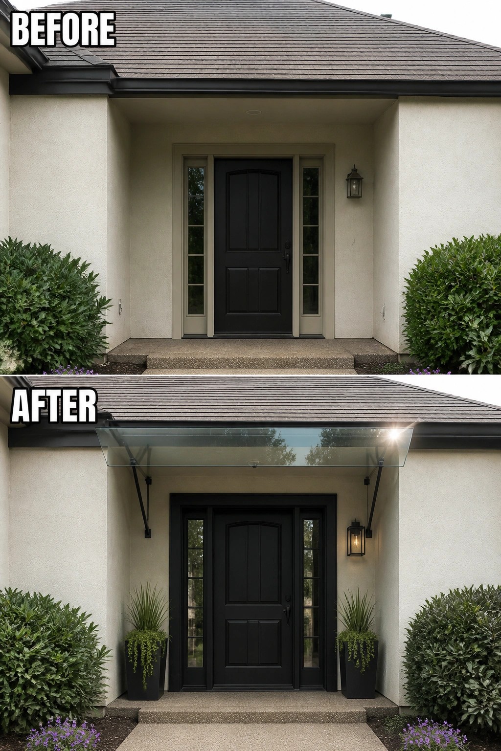 Before-and-after image of a recessed front entry updated by adding a slim glass canopy, matching tall planters, and an exterior lantern.