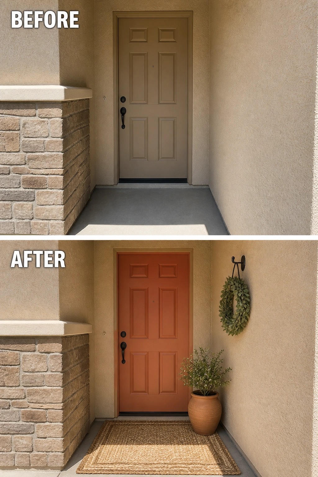 Before-and-after image of a recessed front entry updated with a painted front door, a woven doormat, a potted plant, and a wreath.