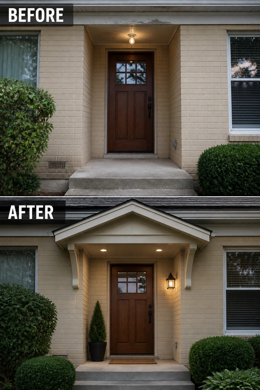 Before-and-after image of a bare recessed front entry updated with a small gabled porch roof, added lighting, a potted plant, and a doormat.