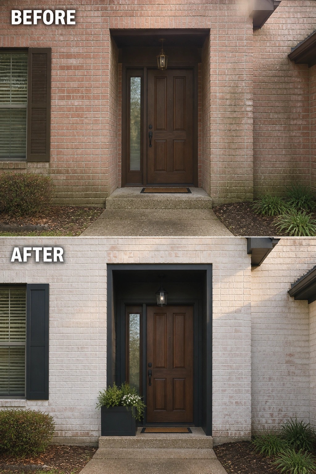 Before-and-after image of a recessed front entry updated with darker painted trim, a new hanging lantern, and a rectangular planter.