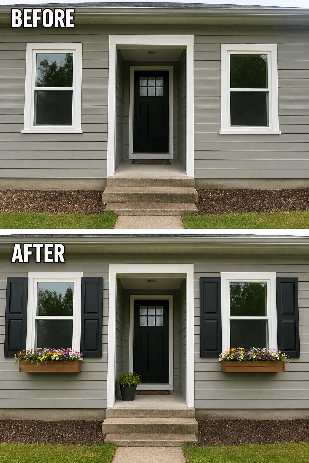 Before-and-after image of a recessed front entry updated with dark shutters and wooden window boxes filled with flowers.