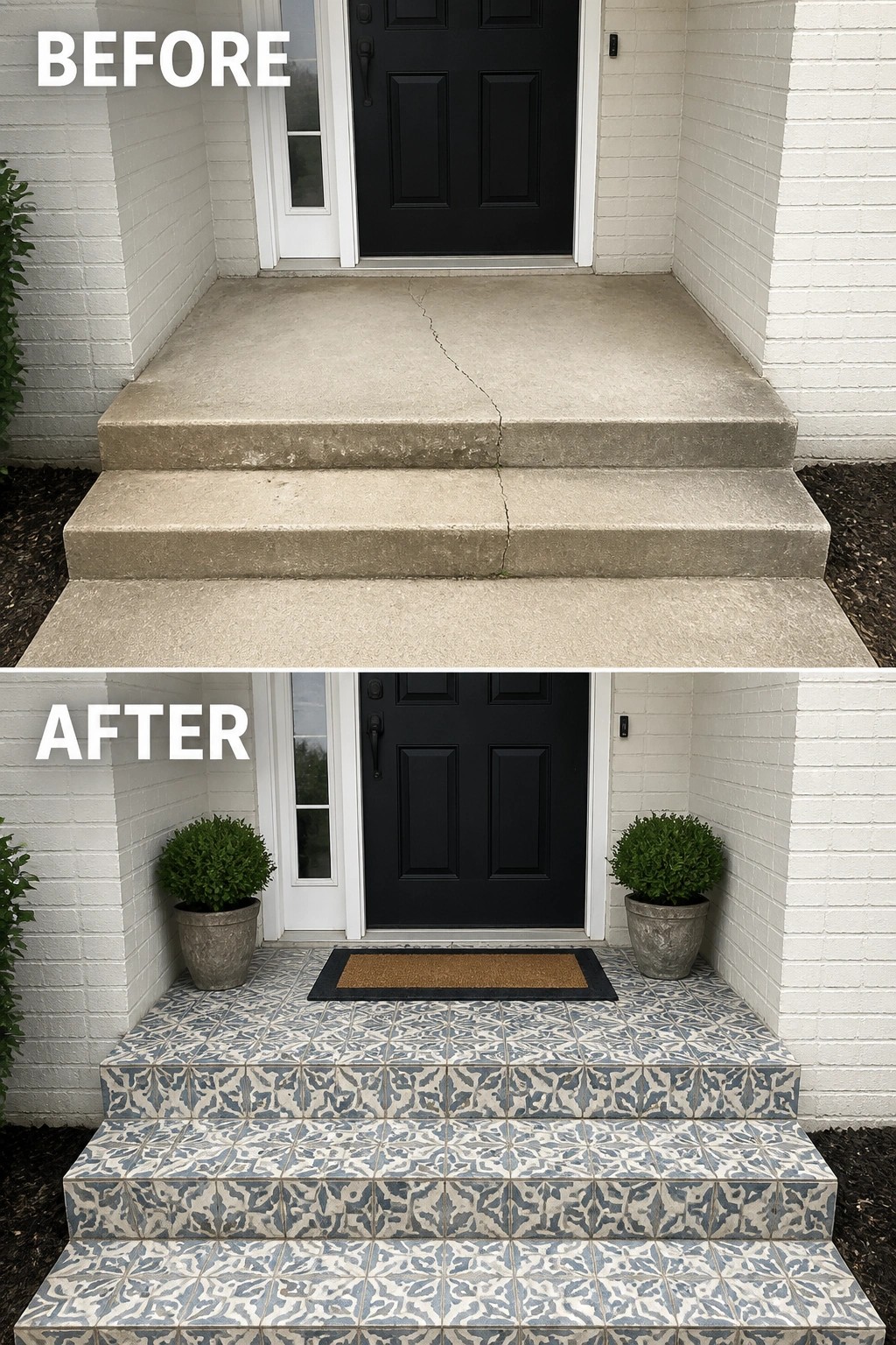Before-and-after image of a recessed front entry where plain concrete steps are updated with patterned outdoor tile, matching risers, two potted plants, and a doormat.