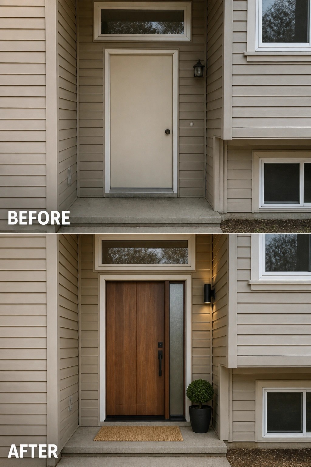 Before-and-after image of a recessed front entry updated from a plain slab door to a wood door with a narrow frosted sidelight, new exterior light, doormat, and a potted plant.