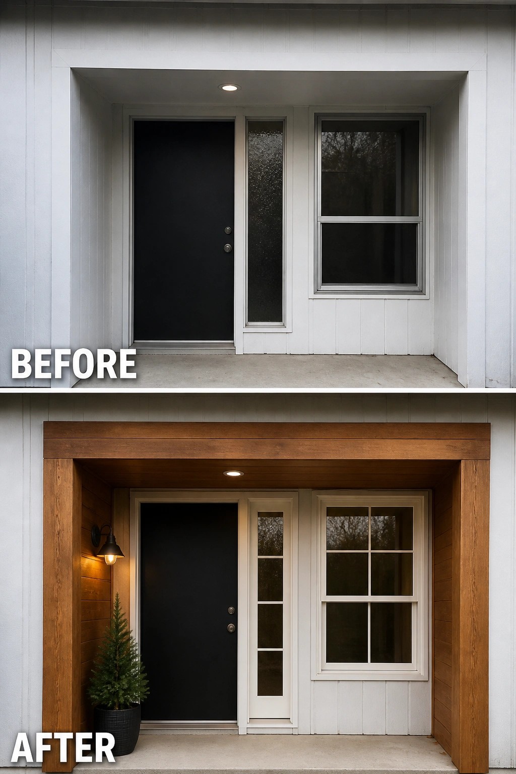 Before-and-after image of a recessed front entry updated with wood cladding, a wall light, and a potted plant.