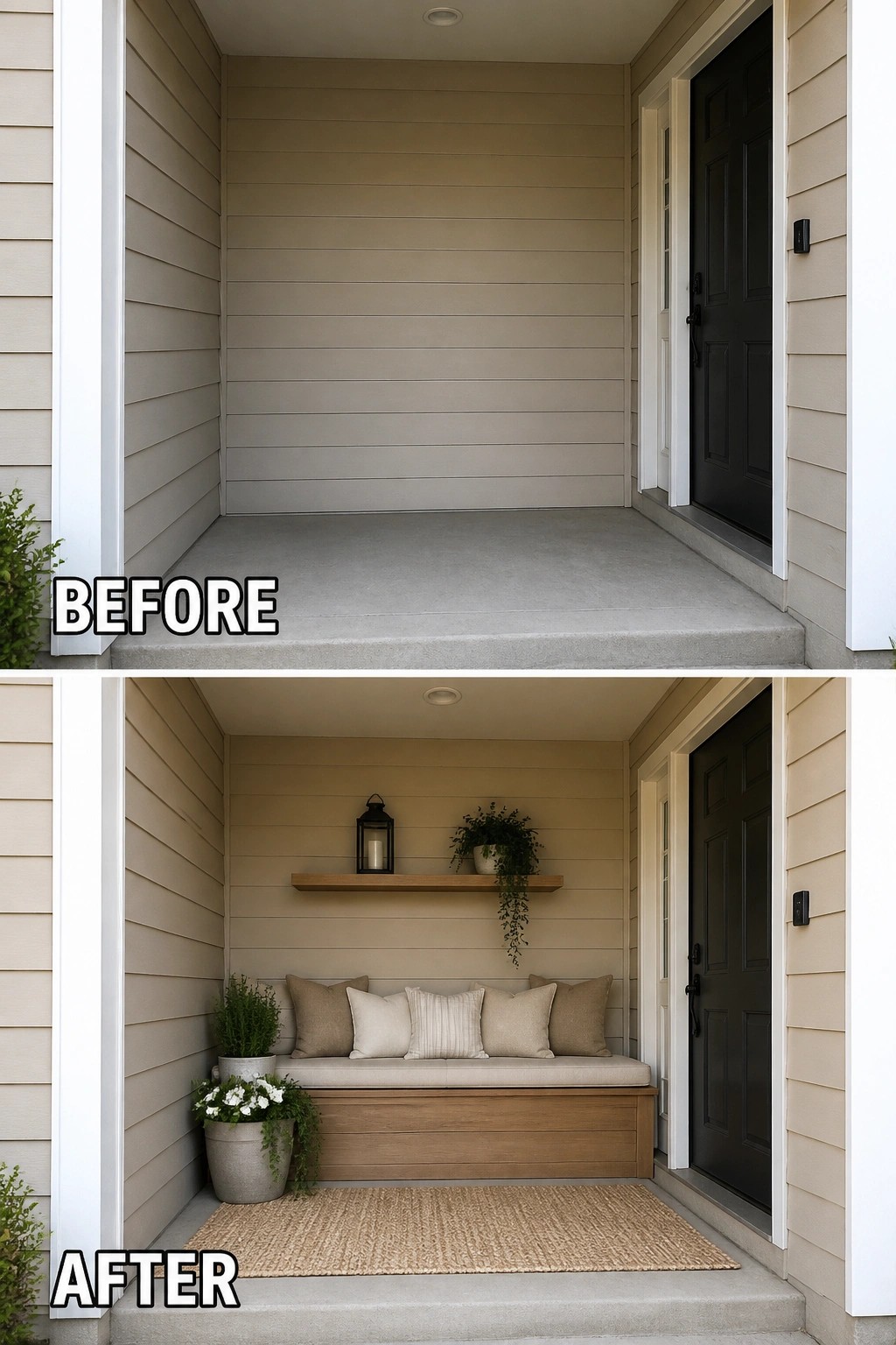 Before-and-after image of a bare recessed front porch updated with a bench, cushions, a rug, potted plants, and a wall shelf.