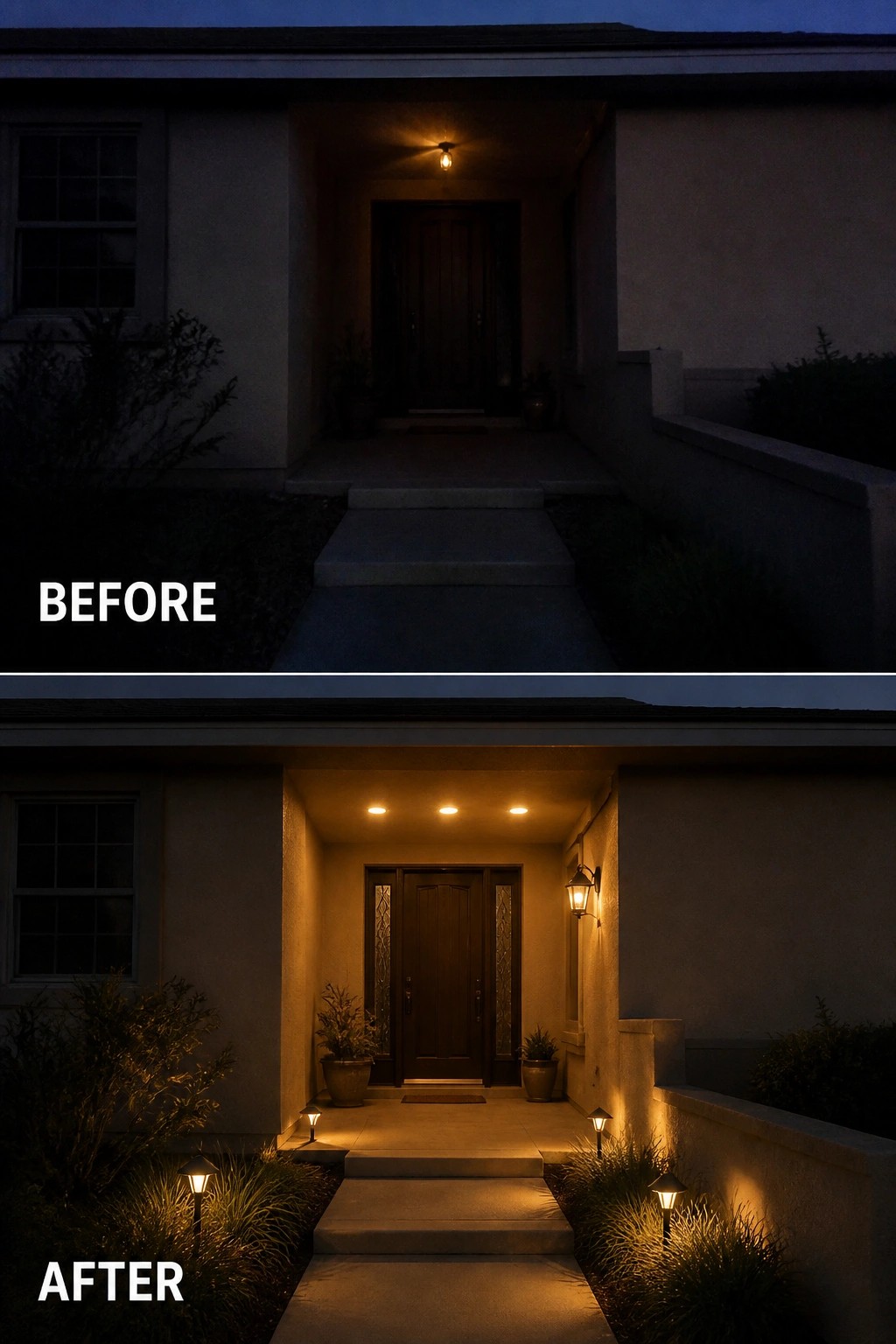 Before-and-after image of a recessed front entry that was dark and then lit with overhead recessed lights and low pathway lanterns.