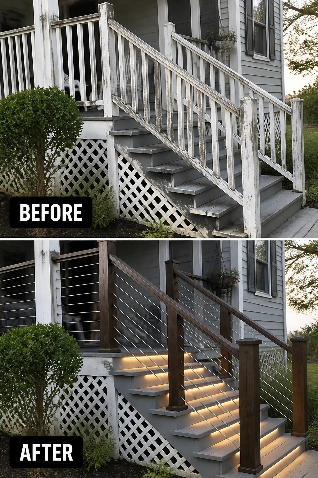 Before-and-after image of a front porch showing old peeling wooden railings replaced with dark stained posts and cable railings plus under-step LED lighting.