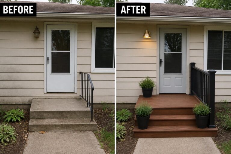 Before-and-after beige house entry: concrete steps replaced by wood deck, black railings, potted plants.