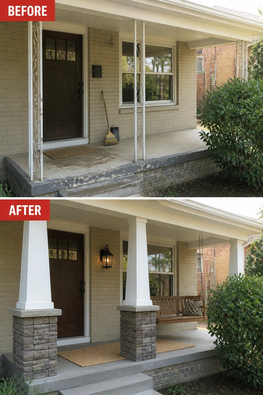 Before-and-after image of a plain front porch updated with substantial tapered columns on stone bases, a porch swing with a rug, and a wall lantern.