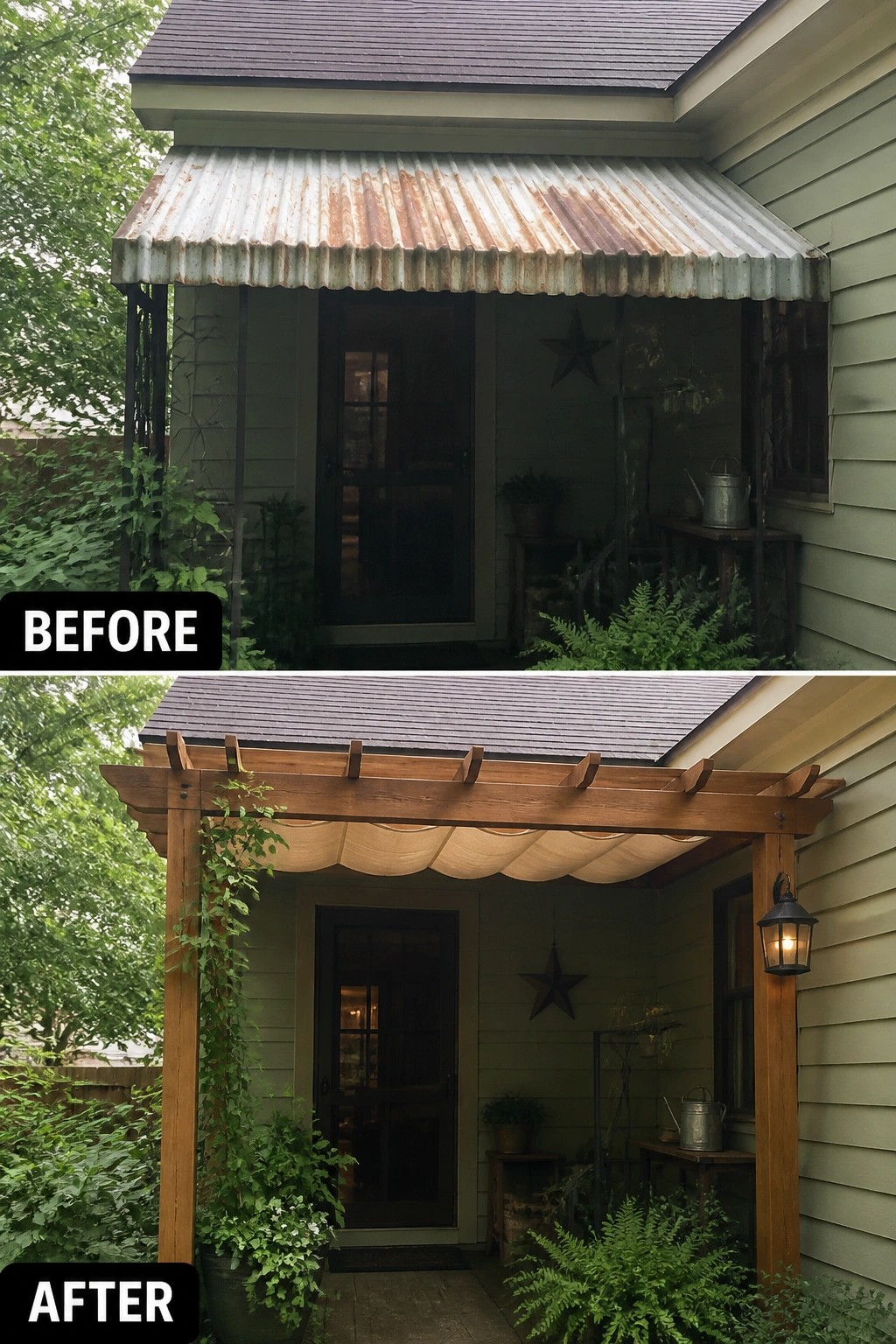 Before-and-after image of a small porch where a rusty corrugated awning is replaced by a wooden pergola with a fabric shade, planters, and a wall lantern.