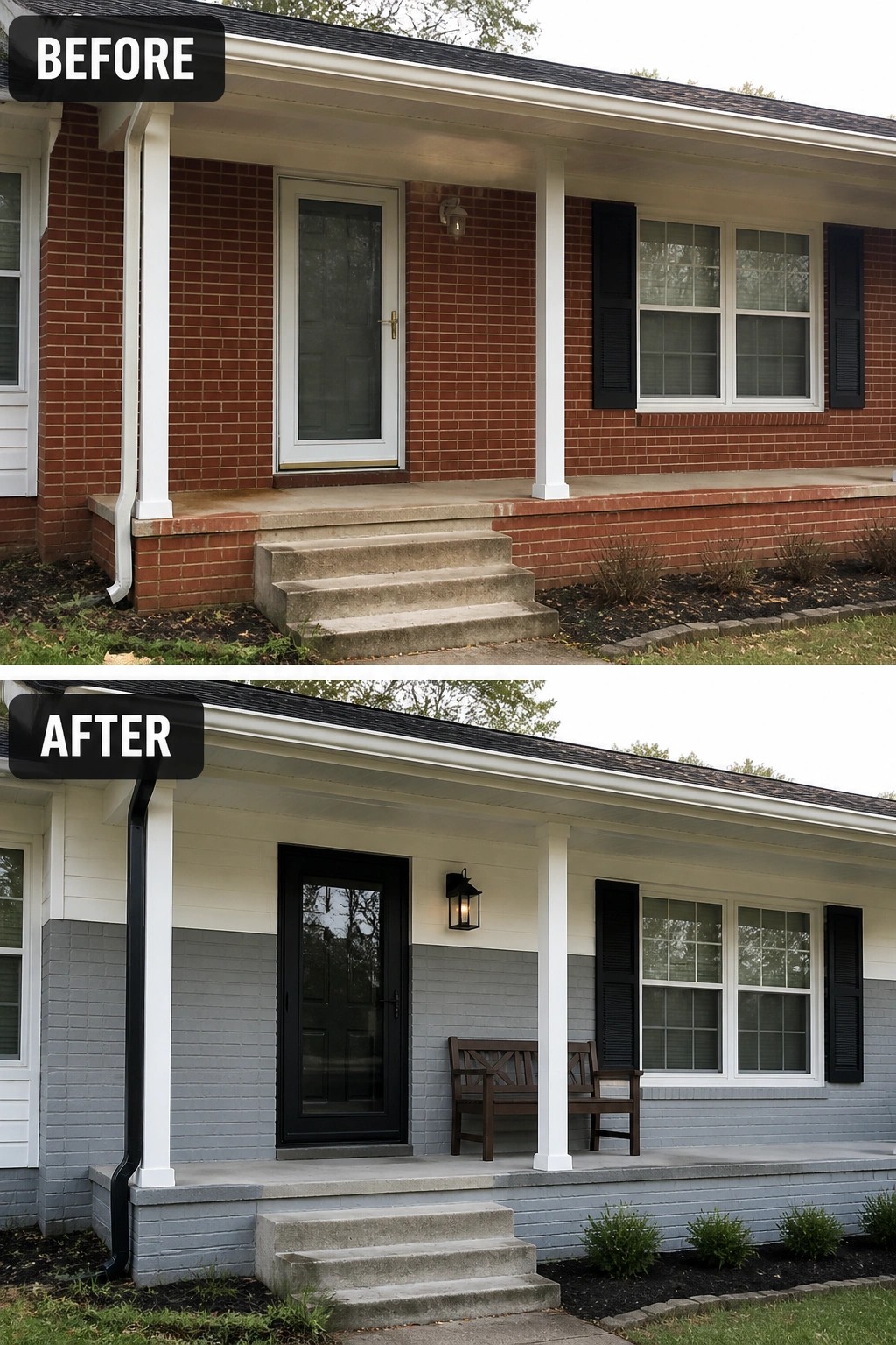 Before-and-after image of a plain brick front porch updated by painting the lower brick gray, darkening the door and shutters, and adding a bench and wall lantern.
