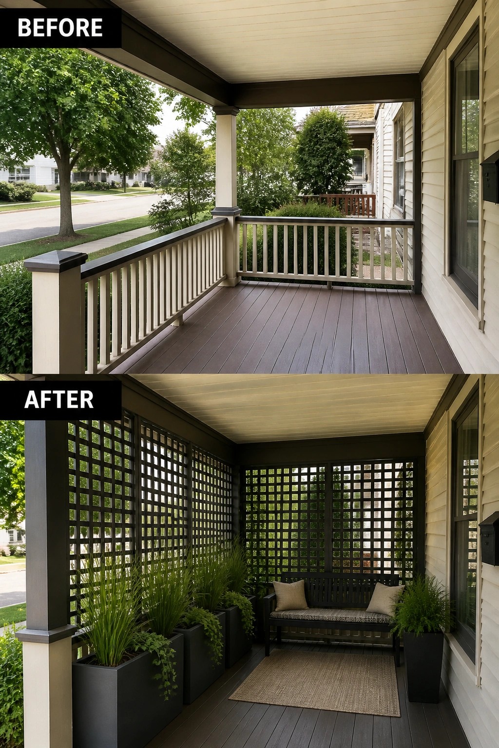 Before-and-after image of a plain front porch updated with lattice privacy screens, tall planters, a rug, and a bench to create a cozy seating area.