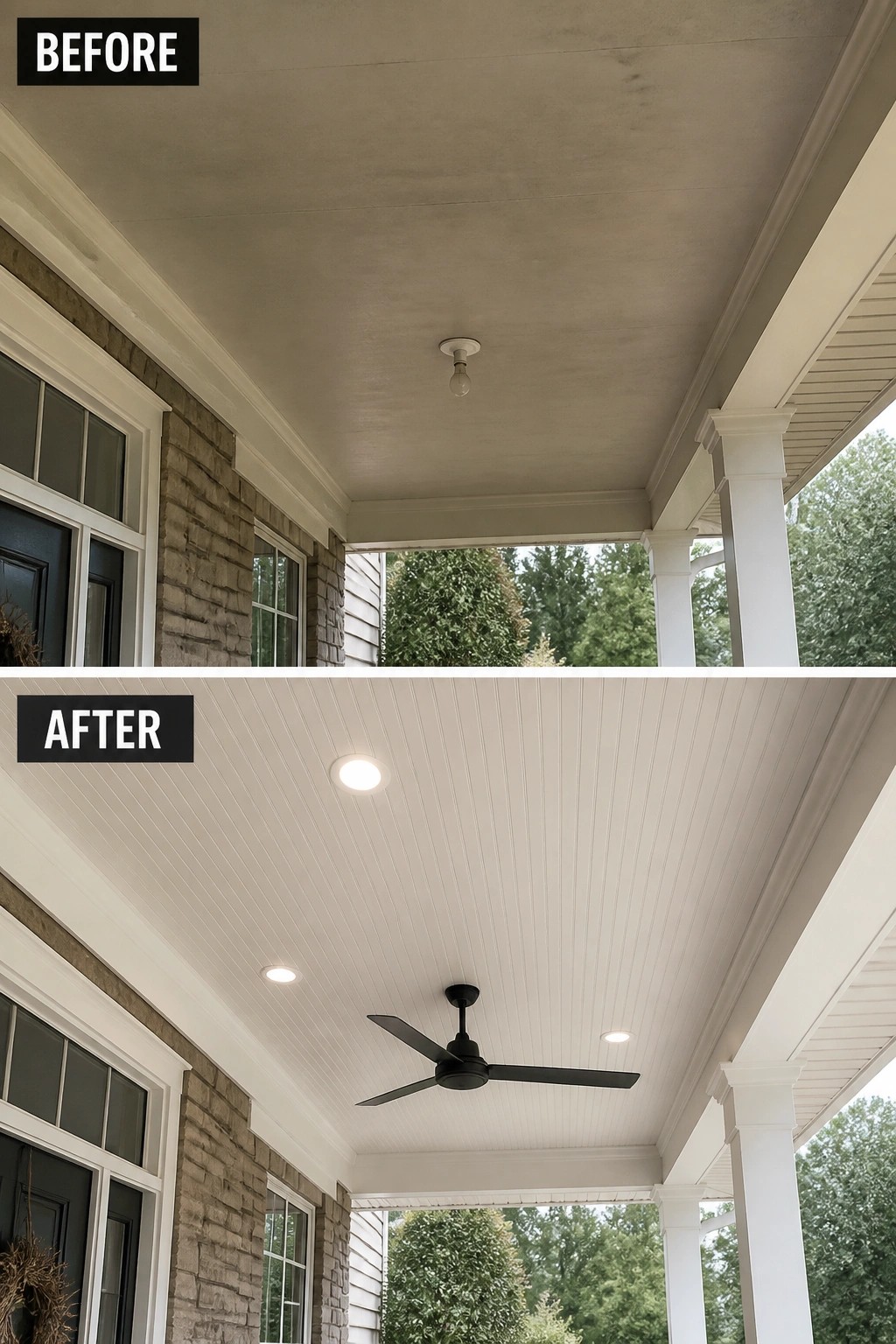 Before-and-after image of a front porch showing a plain ceiling with one exposed bulb updated to a beadboard ceiling with recessed lights and a ceiling fan.