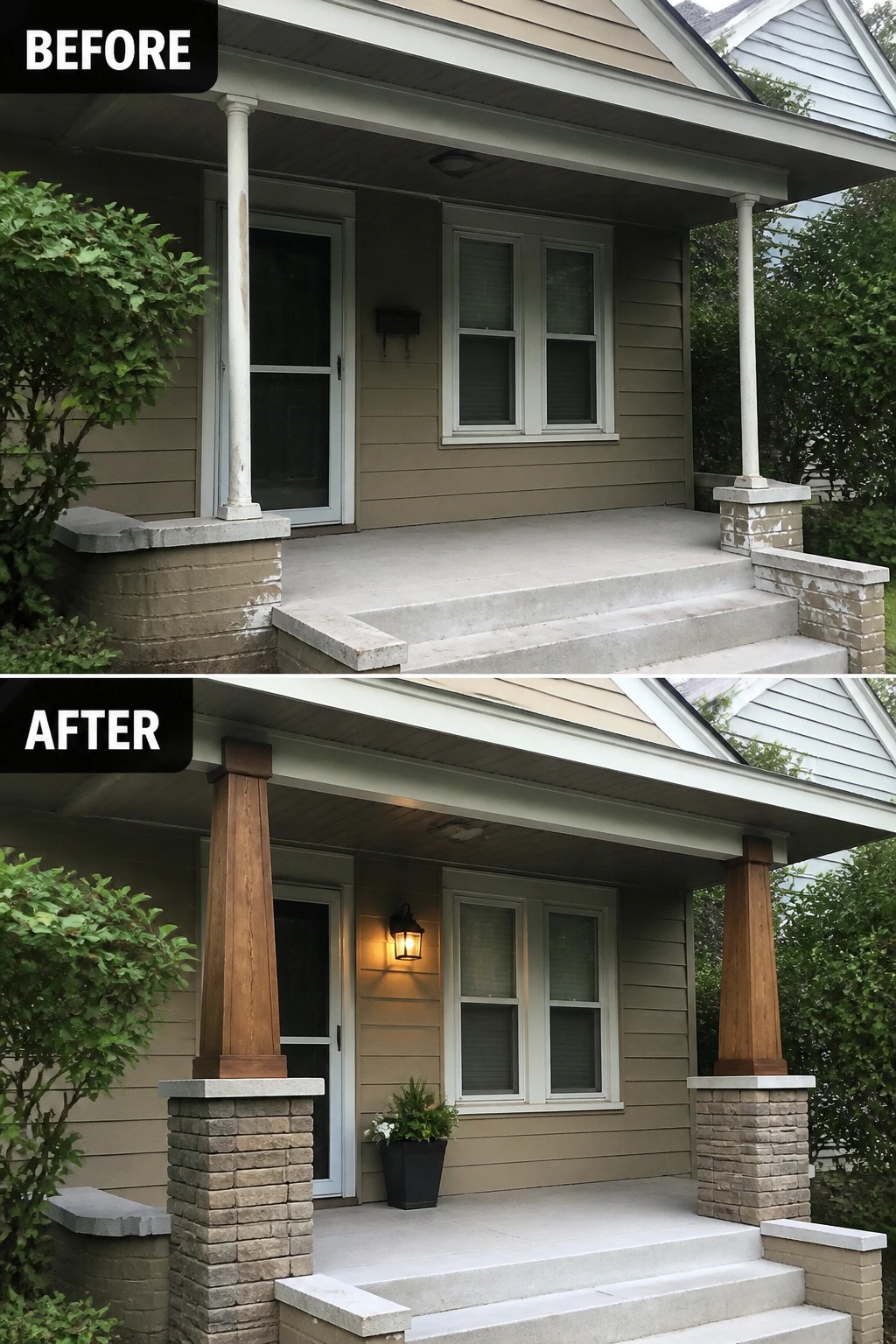 Front porch before-and-after: beige siding, concrete steps; old white posts replaced by wooden tapered columns.