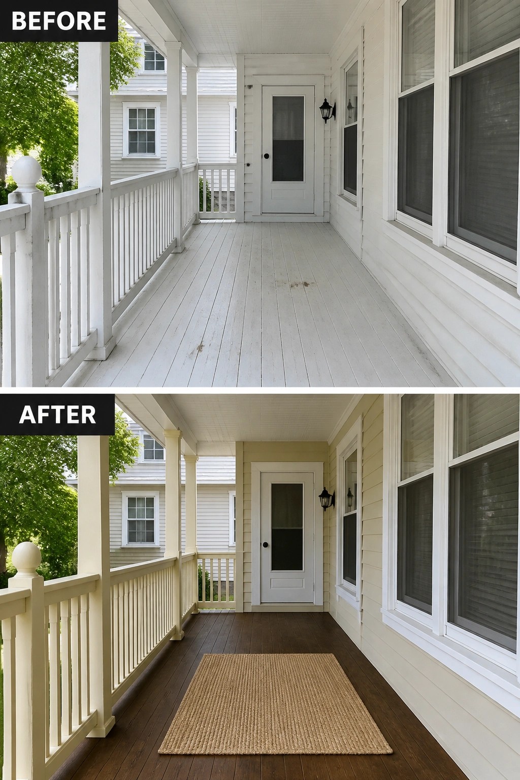 Before-and-after image of a plain white front porch updated with warm-stained wooden floors, cream trim, and a simple woven rug to define the entry.