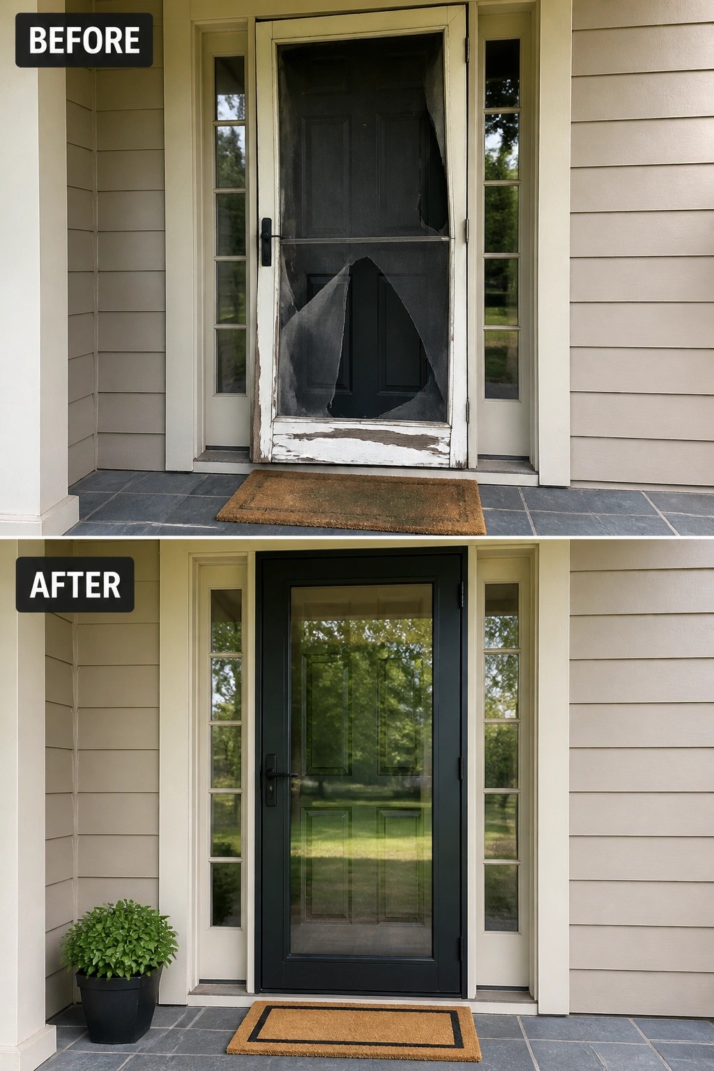 Before-and-after image of a front porch where a torn screen door and chipped trim are replaced by a new glass storm door, fresh trim paint, a potted plant, and a welcome mat.