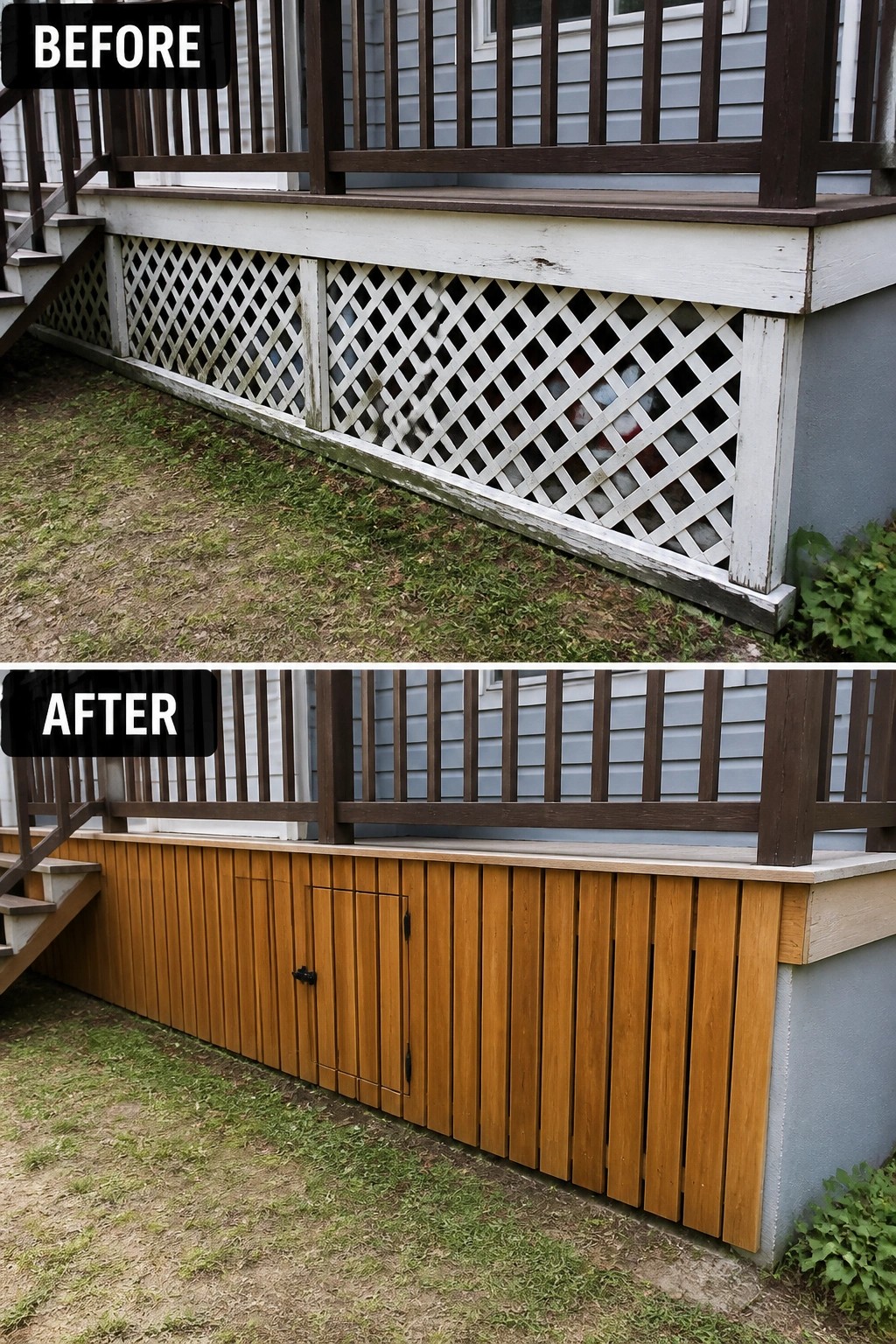 Before-and-after image showing a porch skirt changed from white lattice panels to vertical stained wood slats with a small access door.