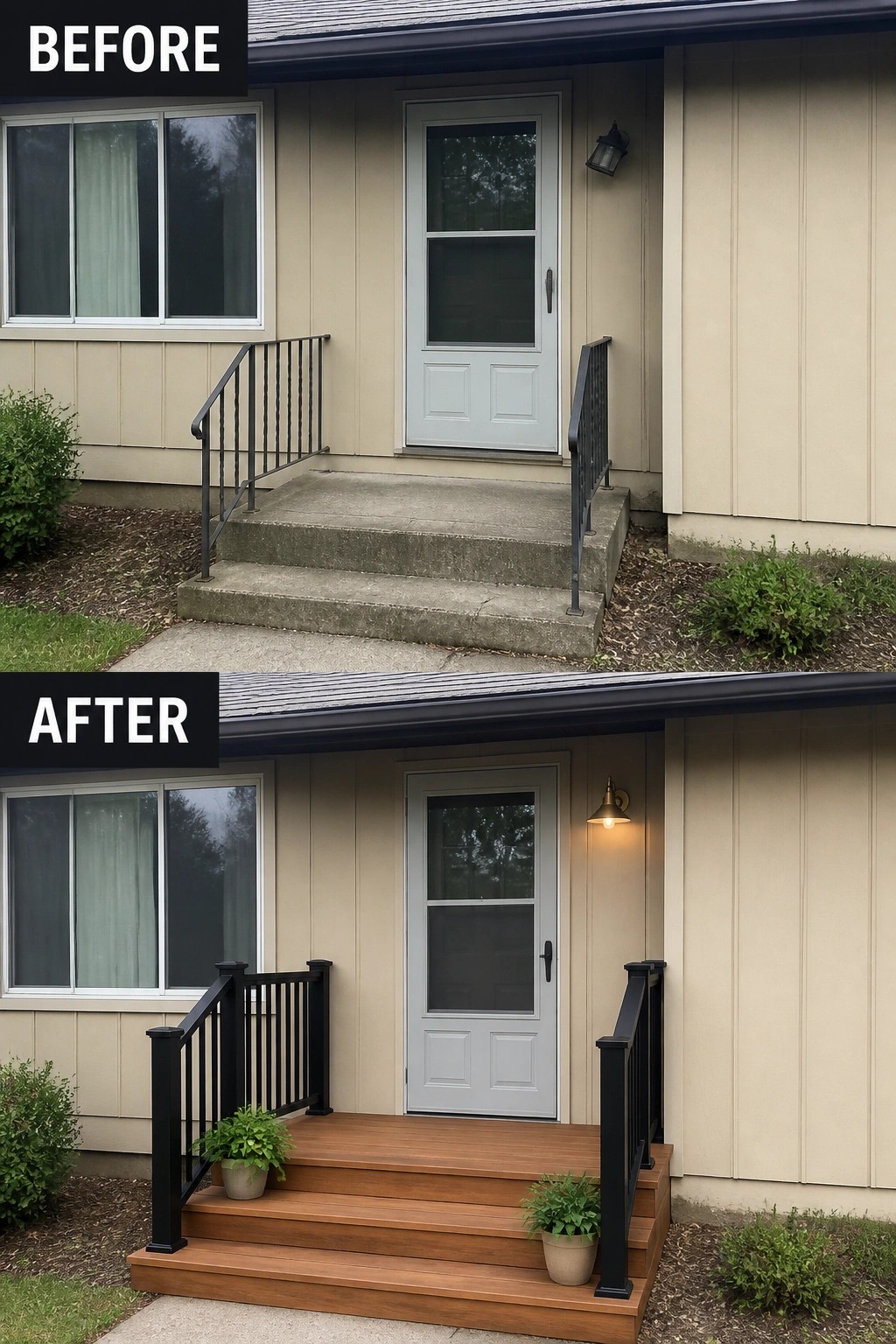 Before-and-after beige house entry: concrete steps replaced by wood deck, black railings, potted plants.