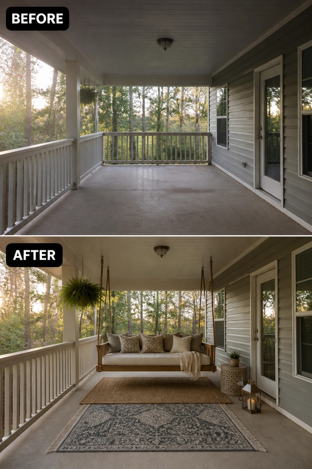 Before-and-after image of a bare covered porch updated with a hanging daybed, layered rugs, a potted fern, and lanterns.