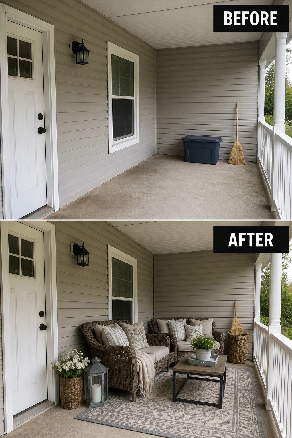 Before-and-after image of a bare covered porch updated into a furnished seating area with a rug, wicker chairs, a small sofa, table, and plants.