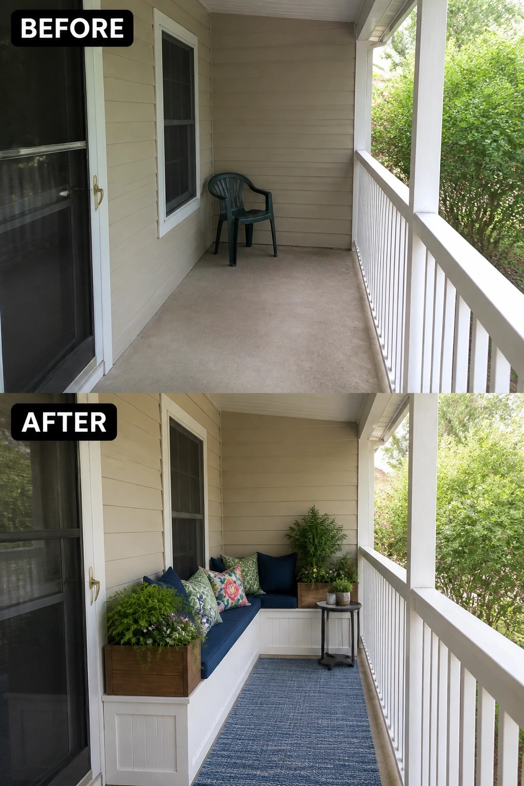 Before-and-after image of a bare porch updated with a built-in bench, navy cushions, a blue rug, and wooden planter boxes to create a seating nook.
