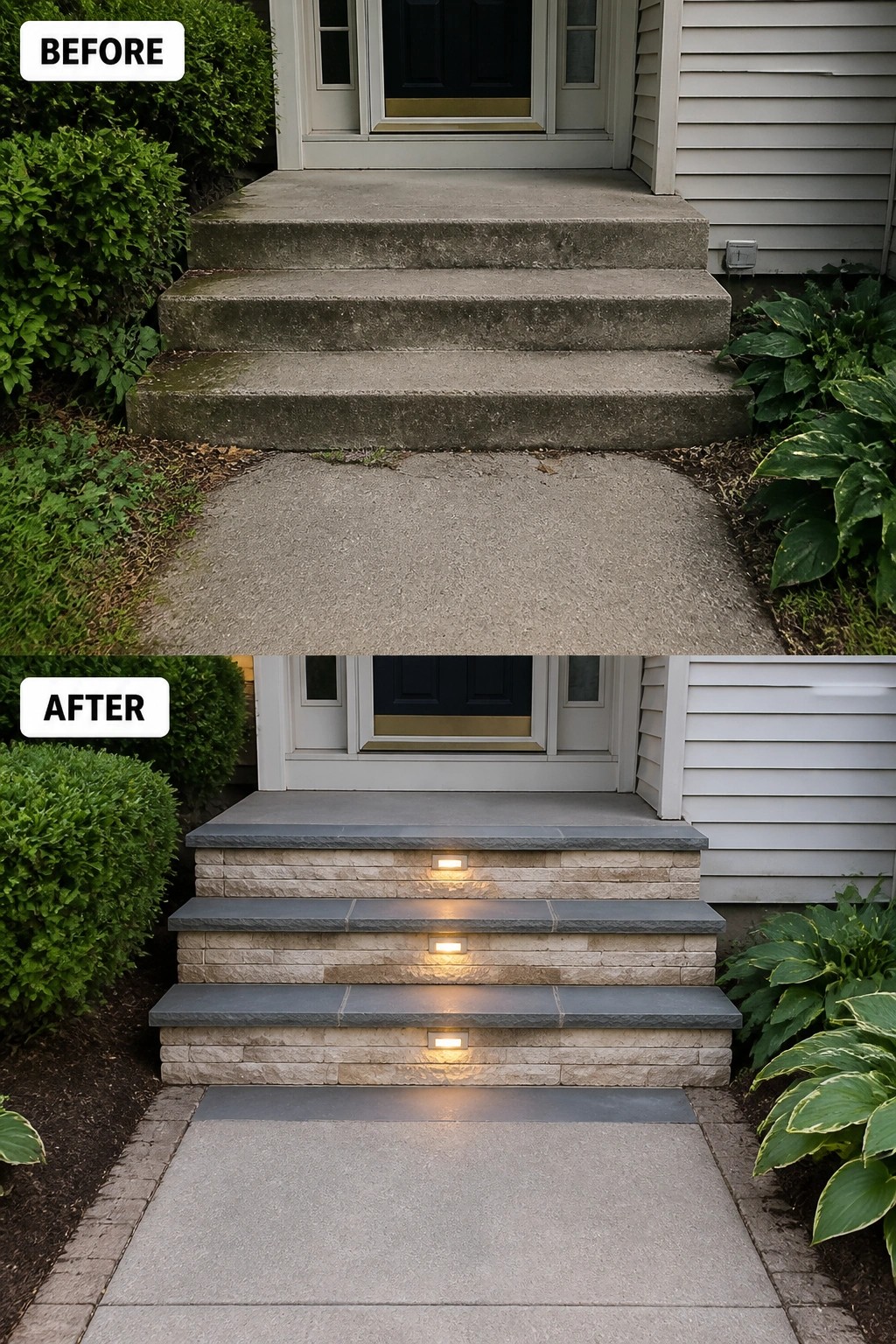 Before-and-after image of a plain concrete front stairway updated with stone-clad risers, dark stone treads, and recessed step lighting.