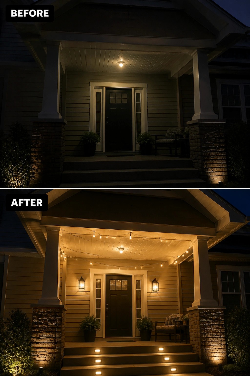 Before-and-after image of a front porch where a dim single bulb entry is updated with wall lanterns, string lights, and step lights alongside simple planters and seating.