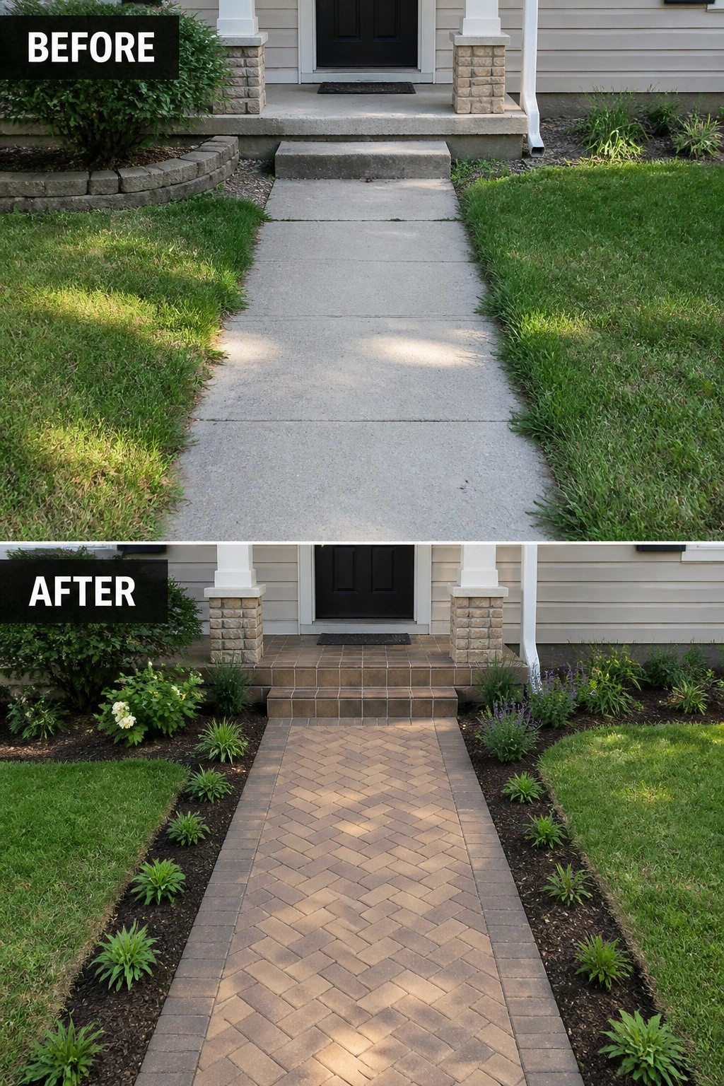 Before and after front entry: cracked concrete replaced by herringbone brick walkway, neat planted beds.
