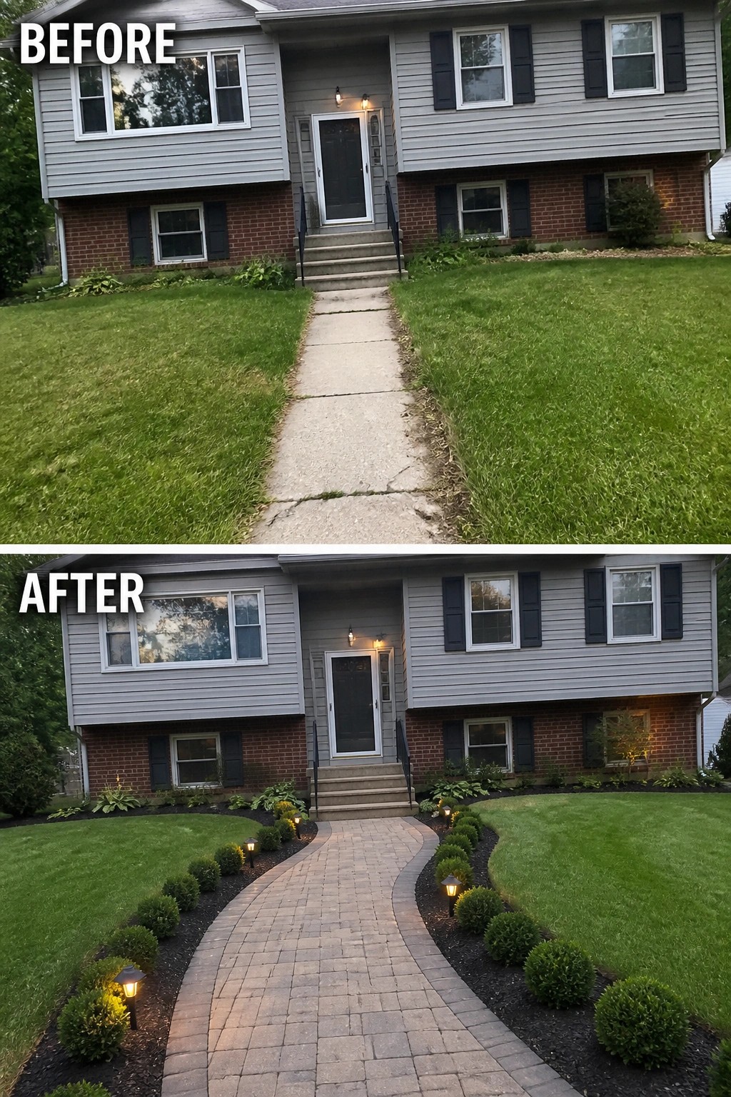 Split before-and-after front yard: cracked concrete path above; curved paver walkway, boxwoods, mulch, lanterns below.