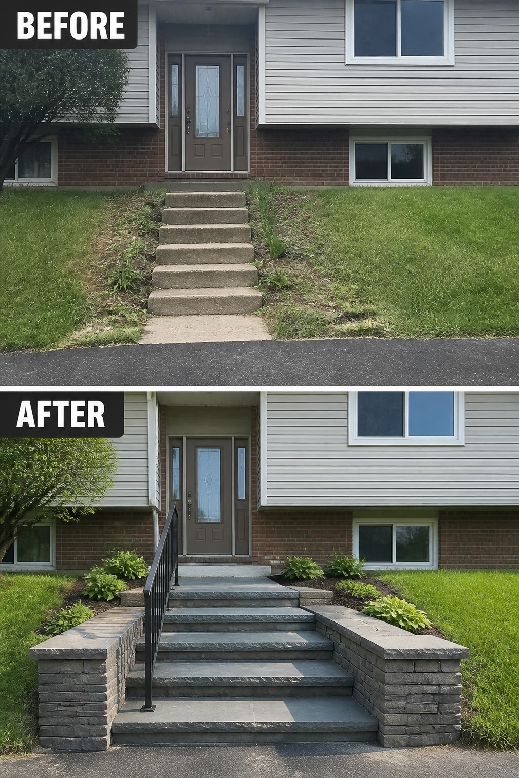 Before-and-after image of a split-level home where narrow concrete steps were replaced with wide stone steps, low stacked-stone side walls, a metal handrail, and planted borders.