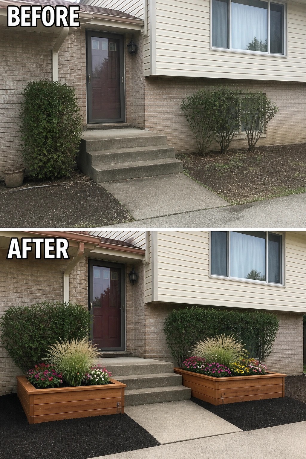 Before-and-after image of a split-level front entry showing a plain concrete stoop updated with matching raised wooden planter boxes filled with ornamental grasses, flowering plants, and fresh mulch.