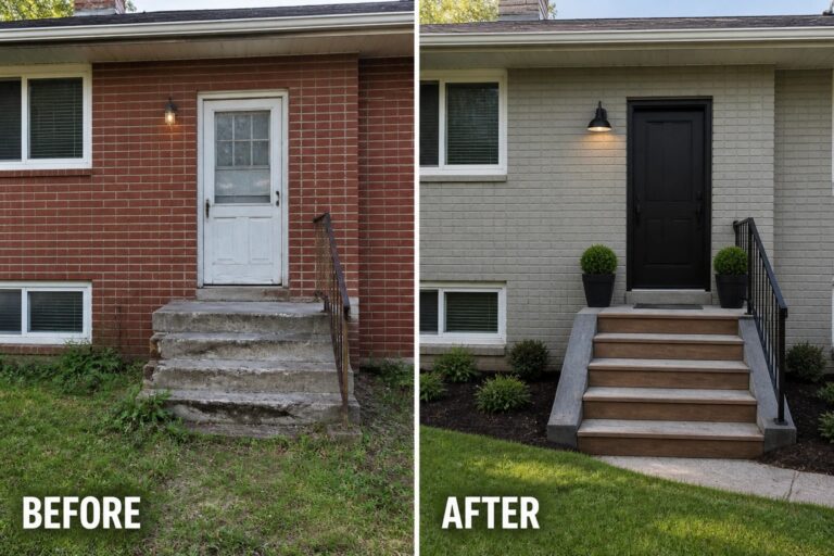 Before-and-after image of a split-level front entry where worn concrete steps and a faded door are updated